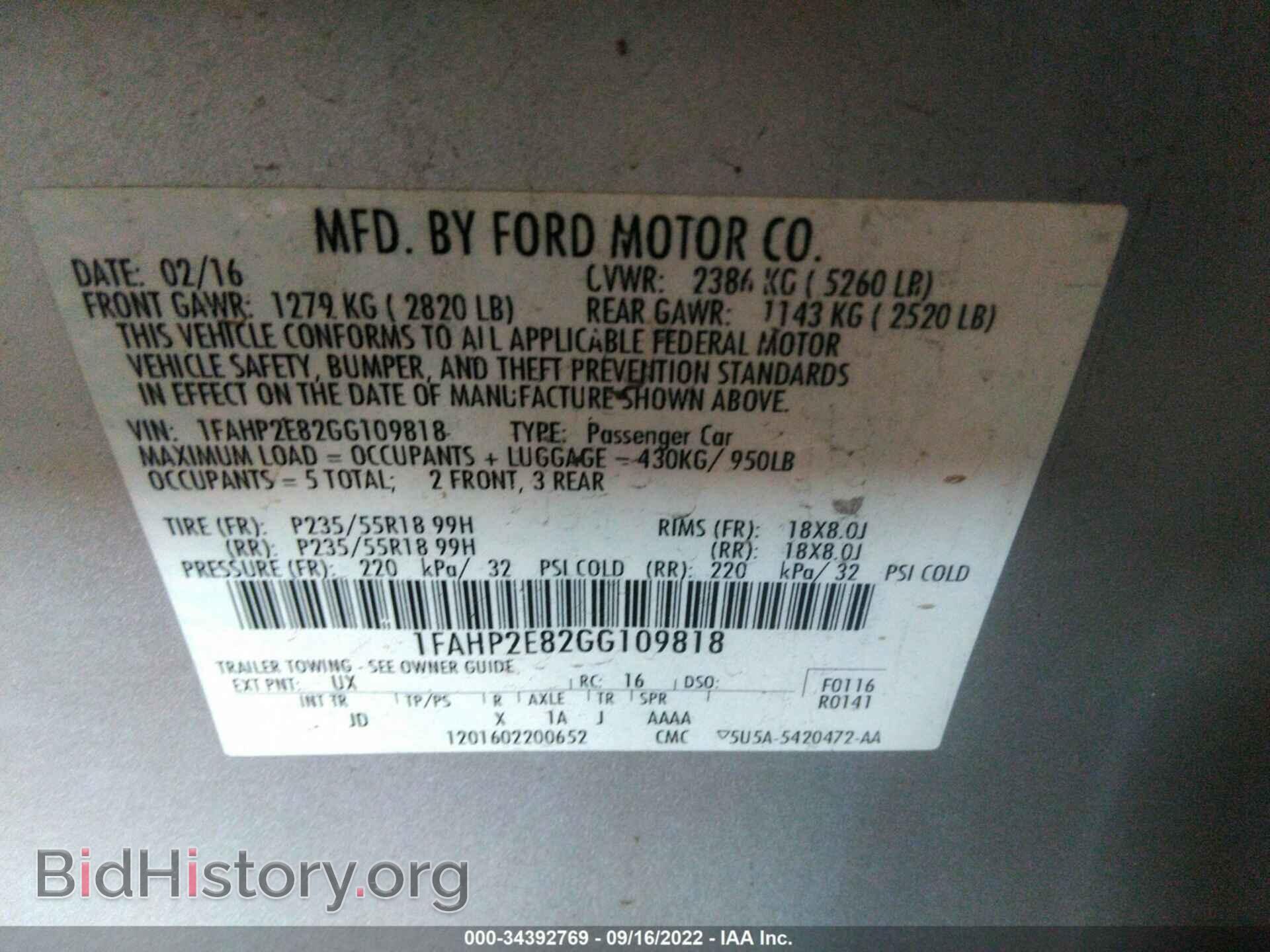 2016 FORD TAURUS - VIN: 1FAHP2E82GG109818 - Photo 9