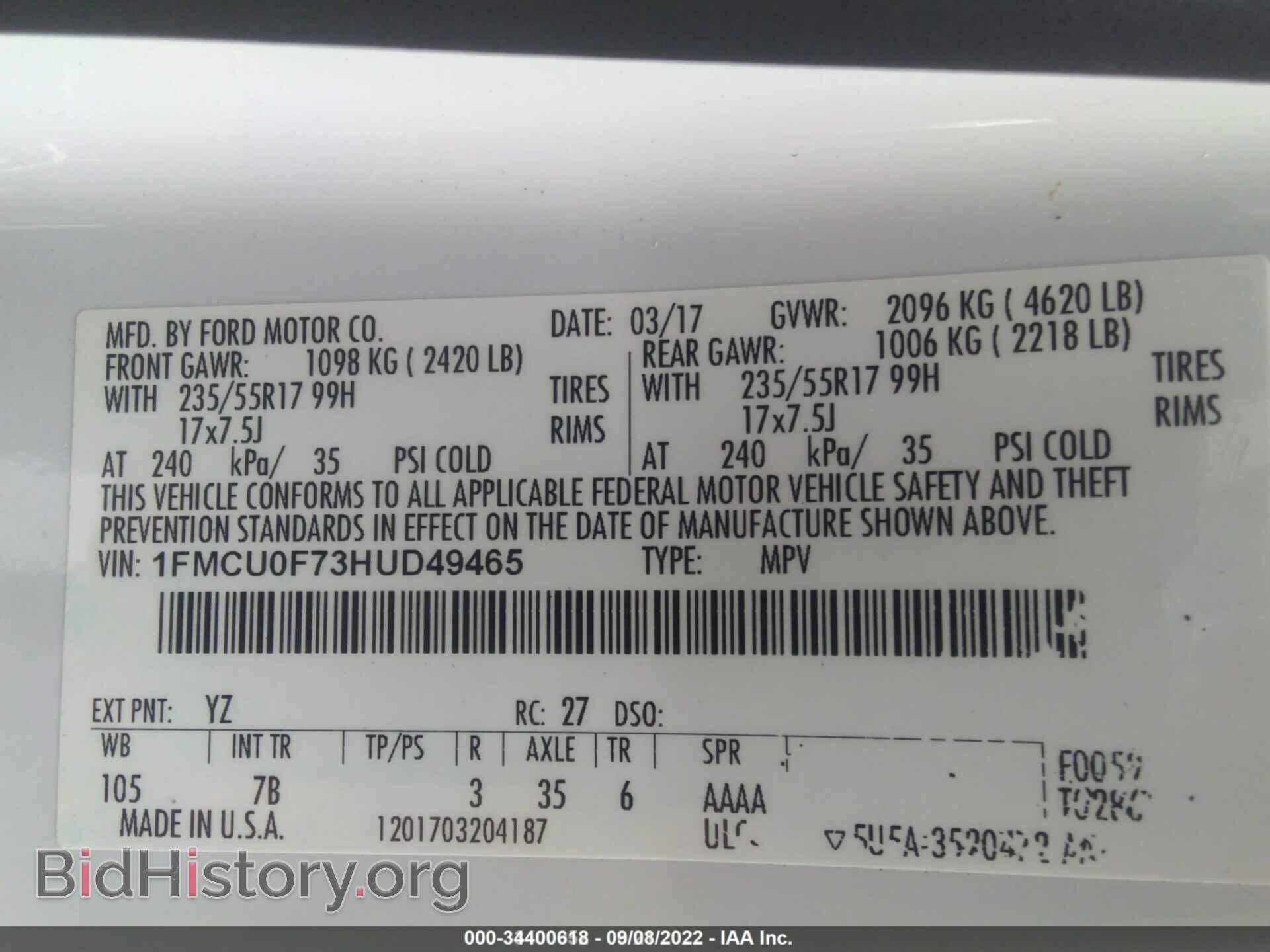 2017 FORD ESCAPE - VIN: 1FMCU0F73HUD49465 - Фото 9