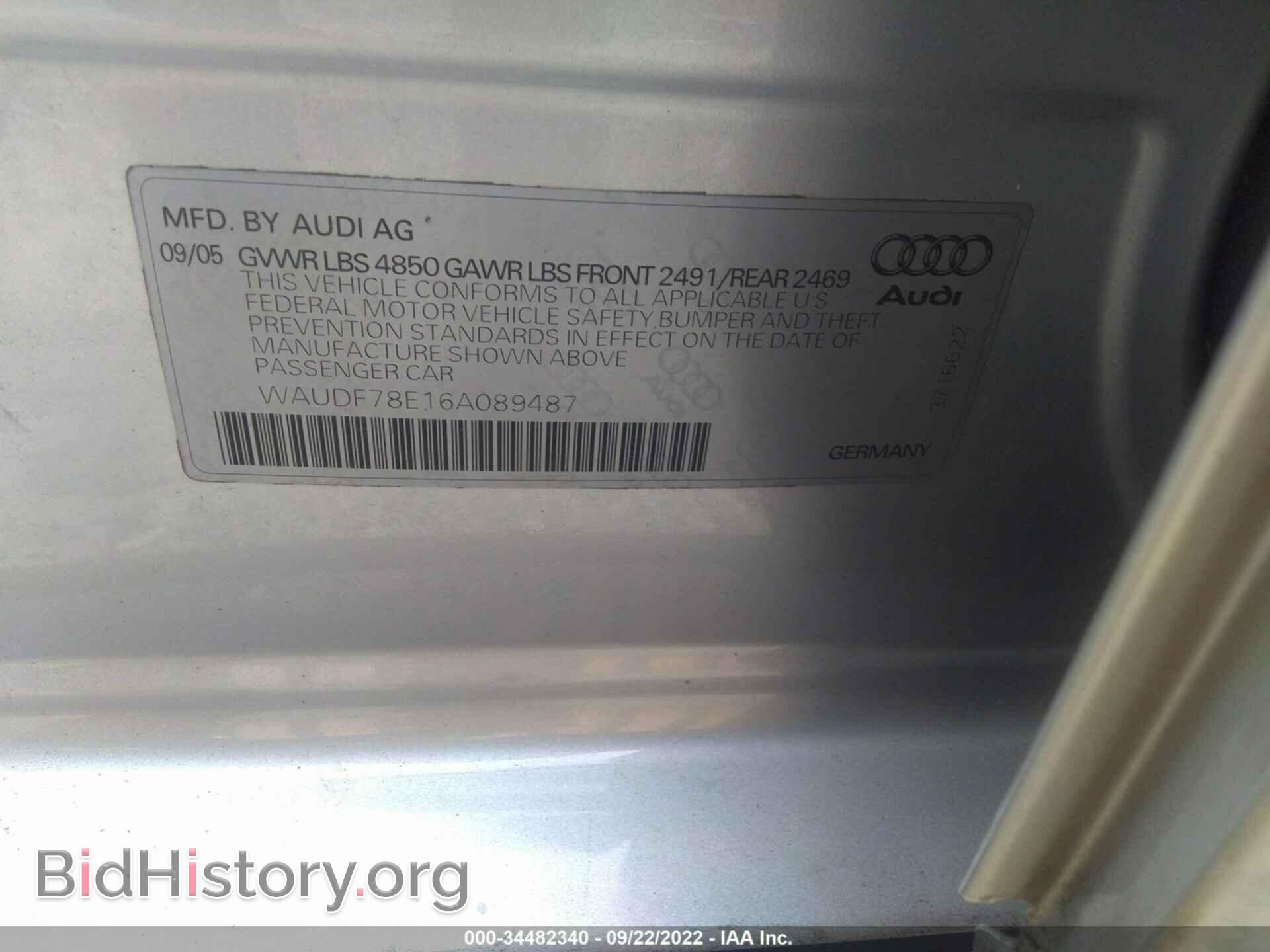 2006 AUDI A4 - VIN: WAUDF78E16A089487 - Фото 9