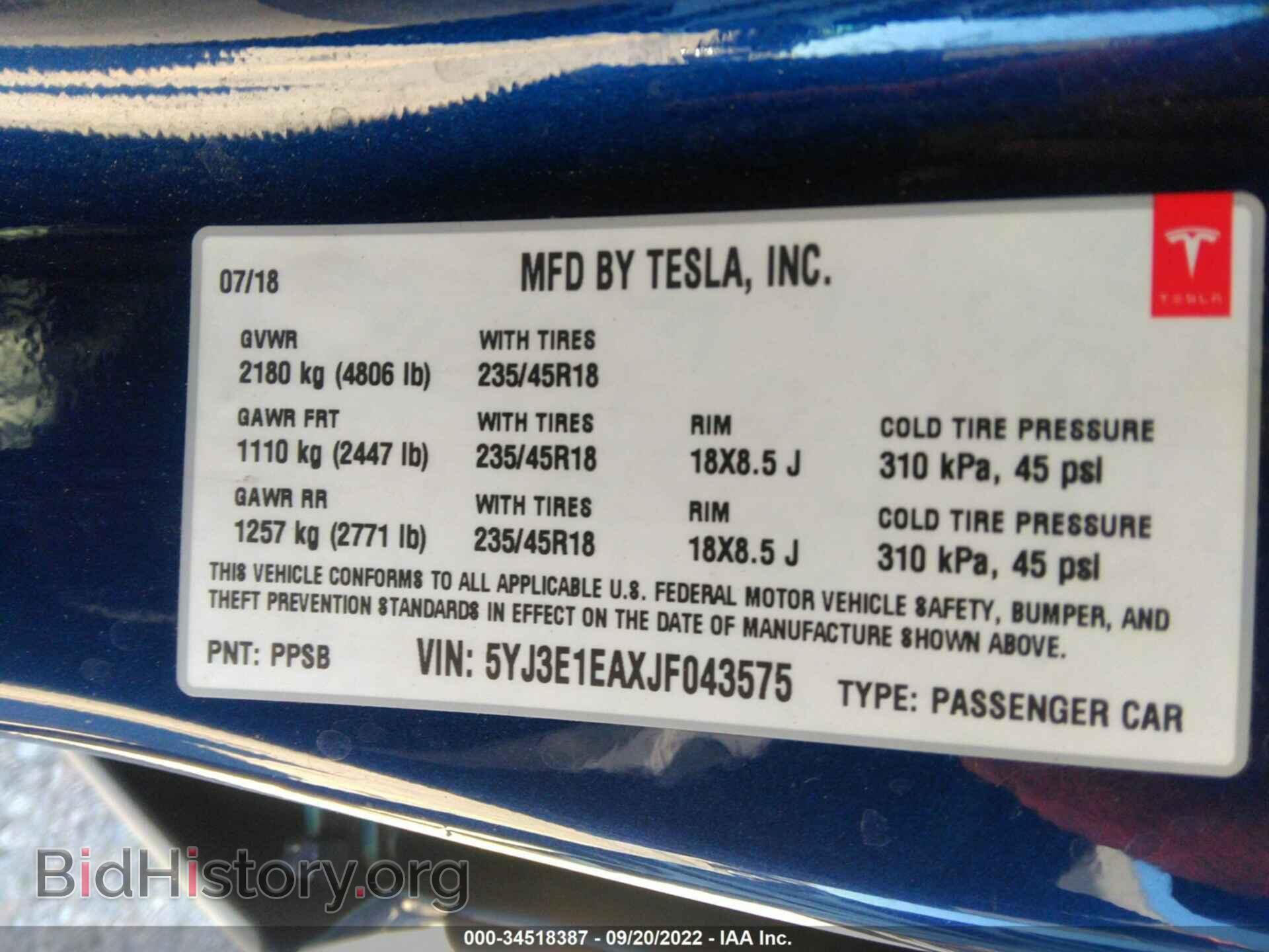 2018 TESLA MODEL 3 - VIN: 5YJ3E1EAXJF043575 - Фото 9