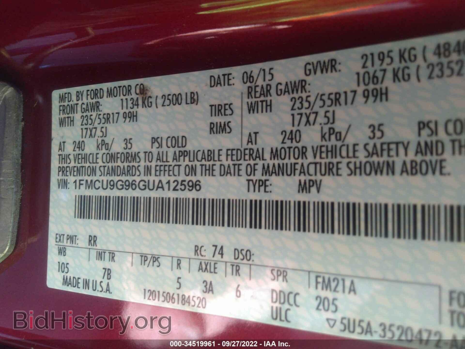 2016 FORD ESCAPE - VIN: 1FMCU9G96GUA12596 - Фото 9