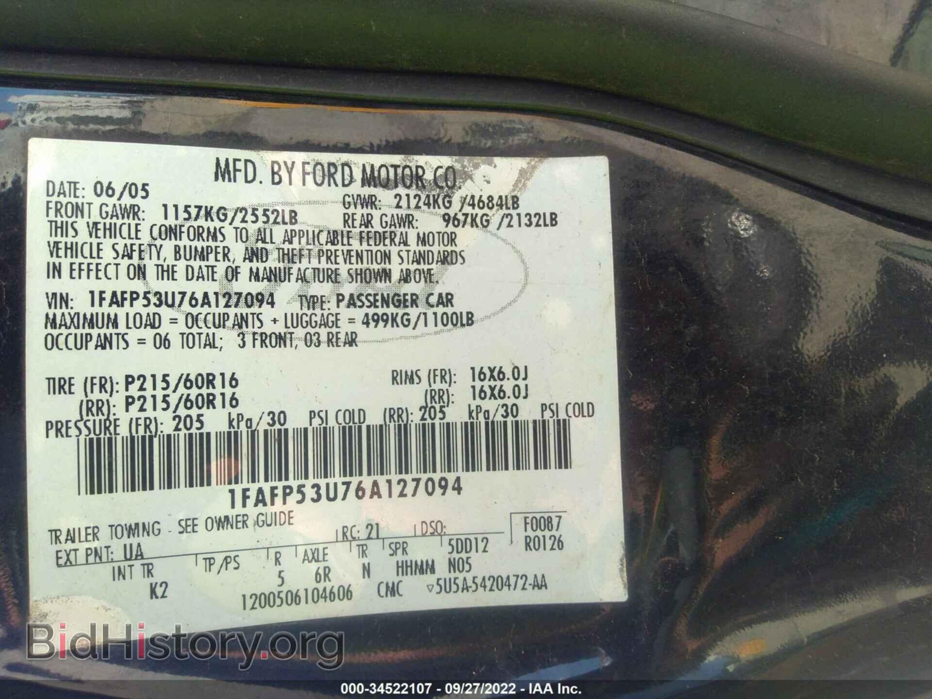 2006 FORD TAURUS - VIN: 1FAFP53U76A127094 - Photo 9