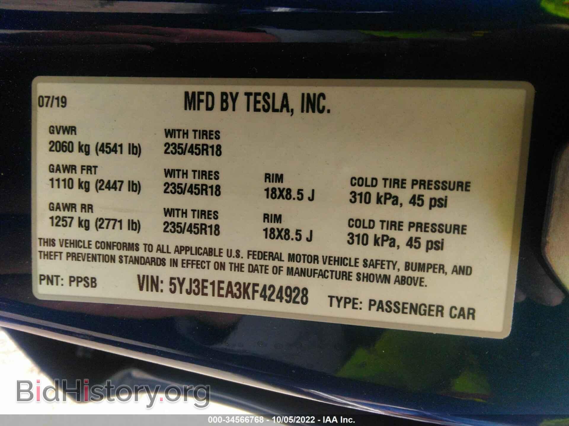 2019 TESLA MODEL 3 - VIN: 5YJ3E1EA3KF424928 - Фото 9