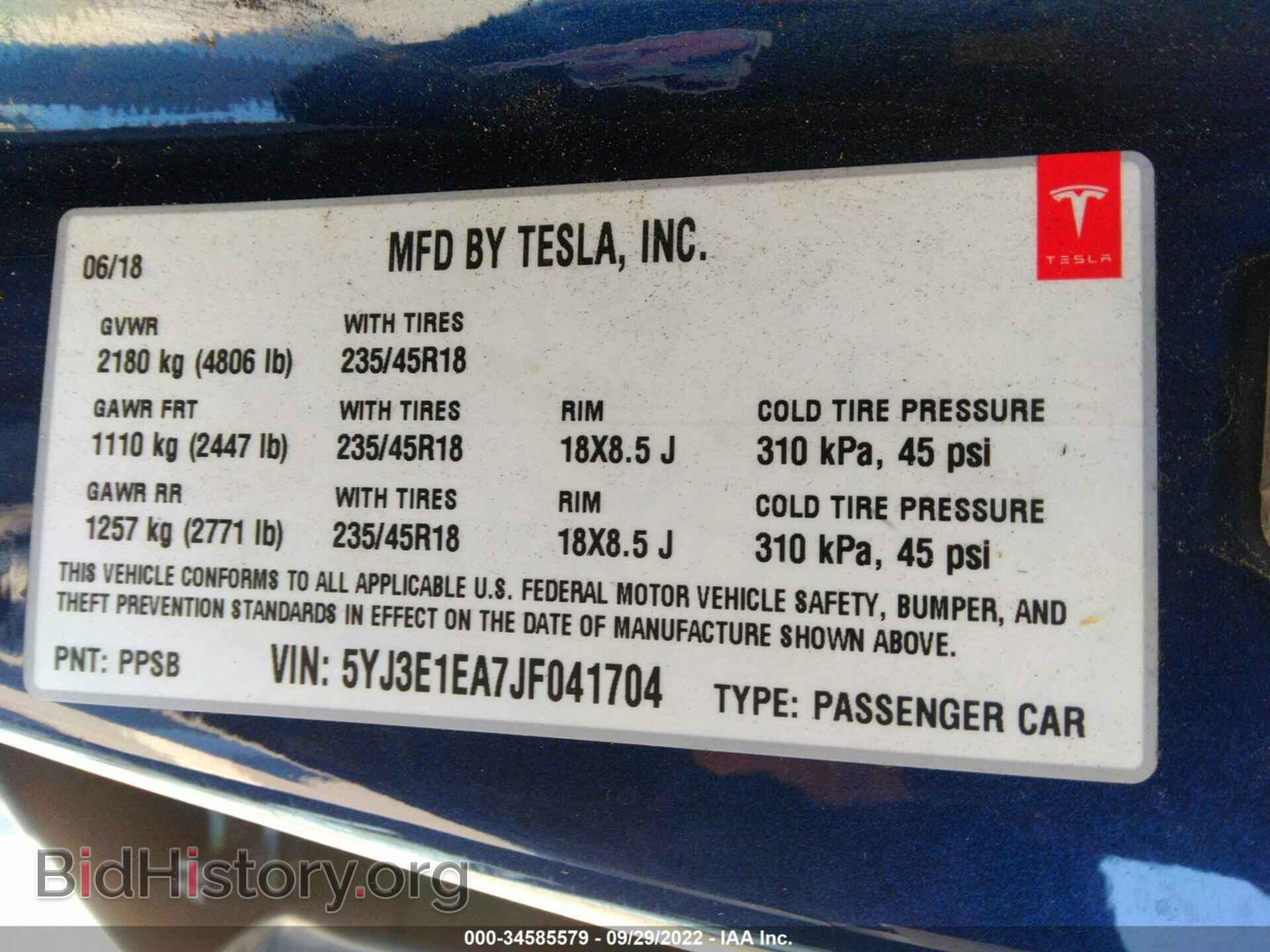 2018 TESLA MODEL 3 - VIN: 5YJ3E1EA7JF041704 - Фото 9