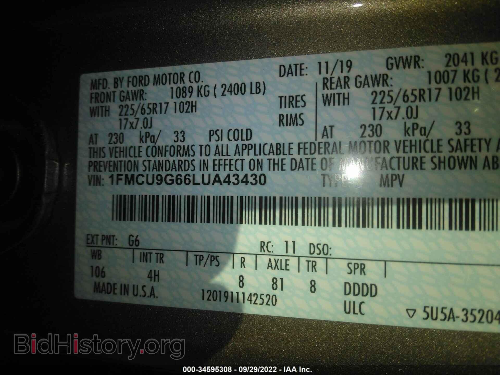 2020 FORD ESCAPE - VIN: 1FMCU9G66LUA43430 - Photo 9