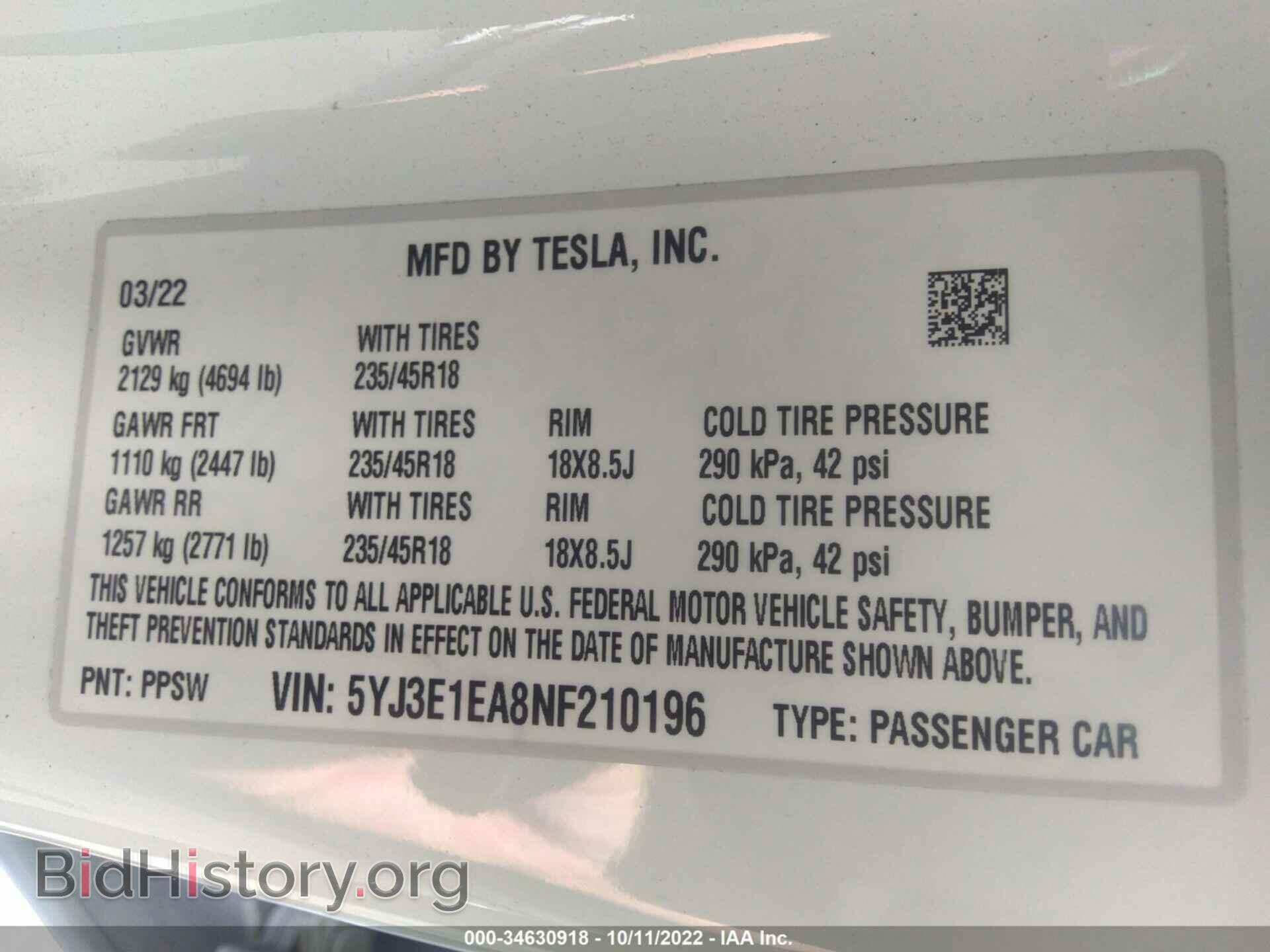 2022 TESLA MODEL 3 - VIN: 5YJ3E1EA8NF210196 - Фото 9