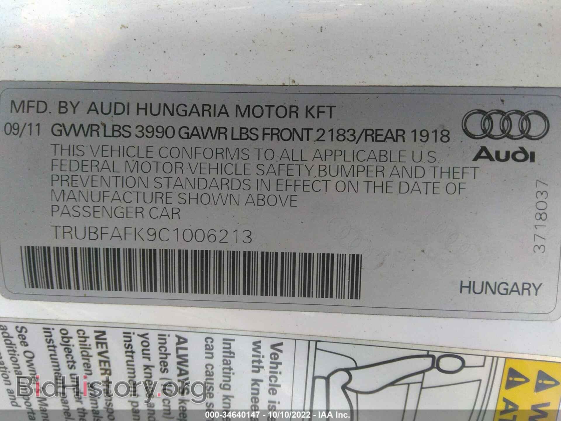 2012 AUDI TT - VIN: TRUBFAFK9C1006213 - Фото 9