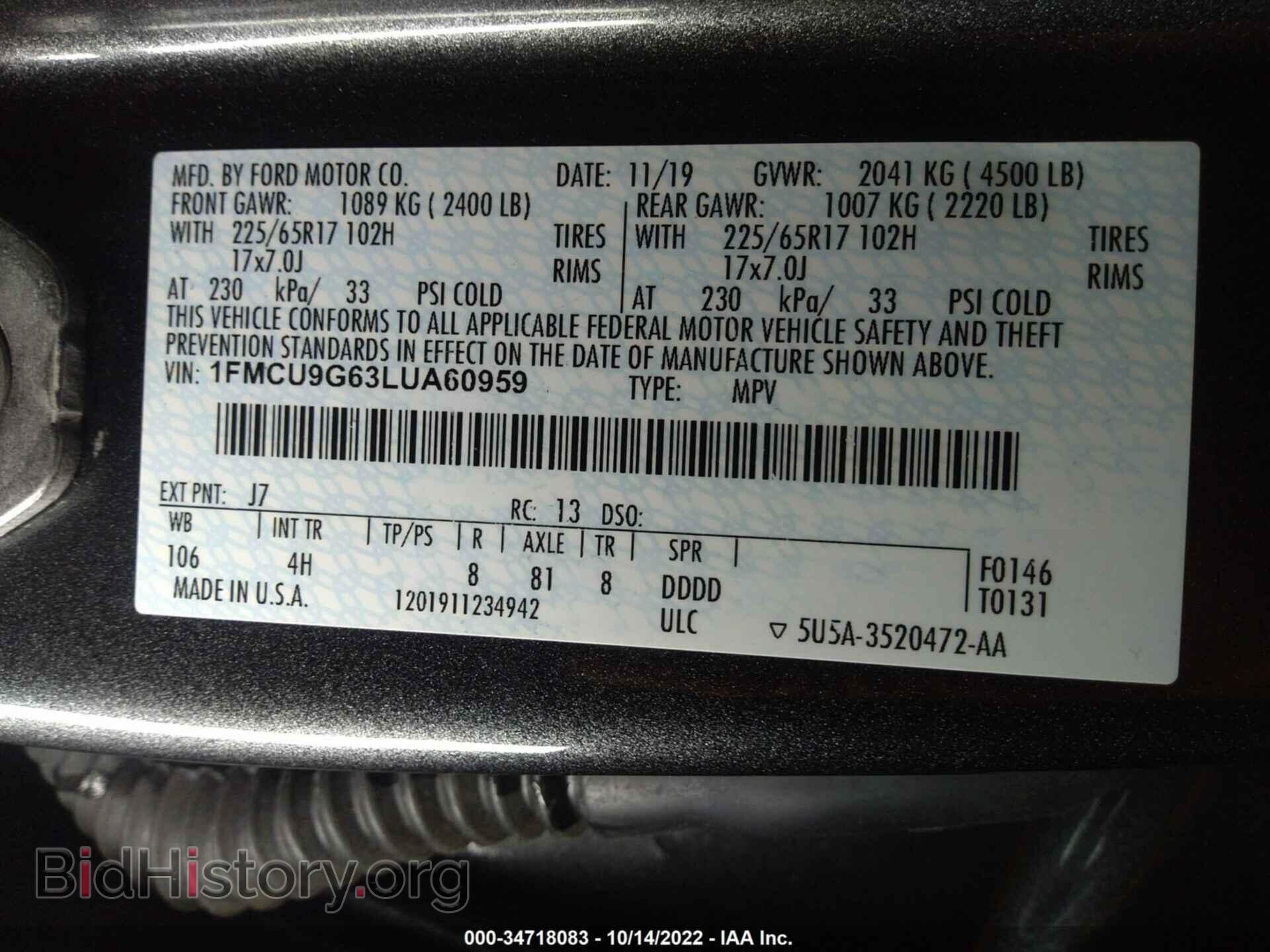 2020 FORD ESCAPE - VIN: 1FMCU9G63LUA60959 - Photo 9