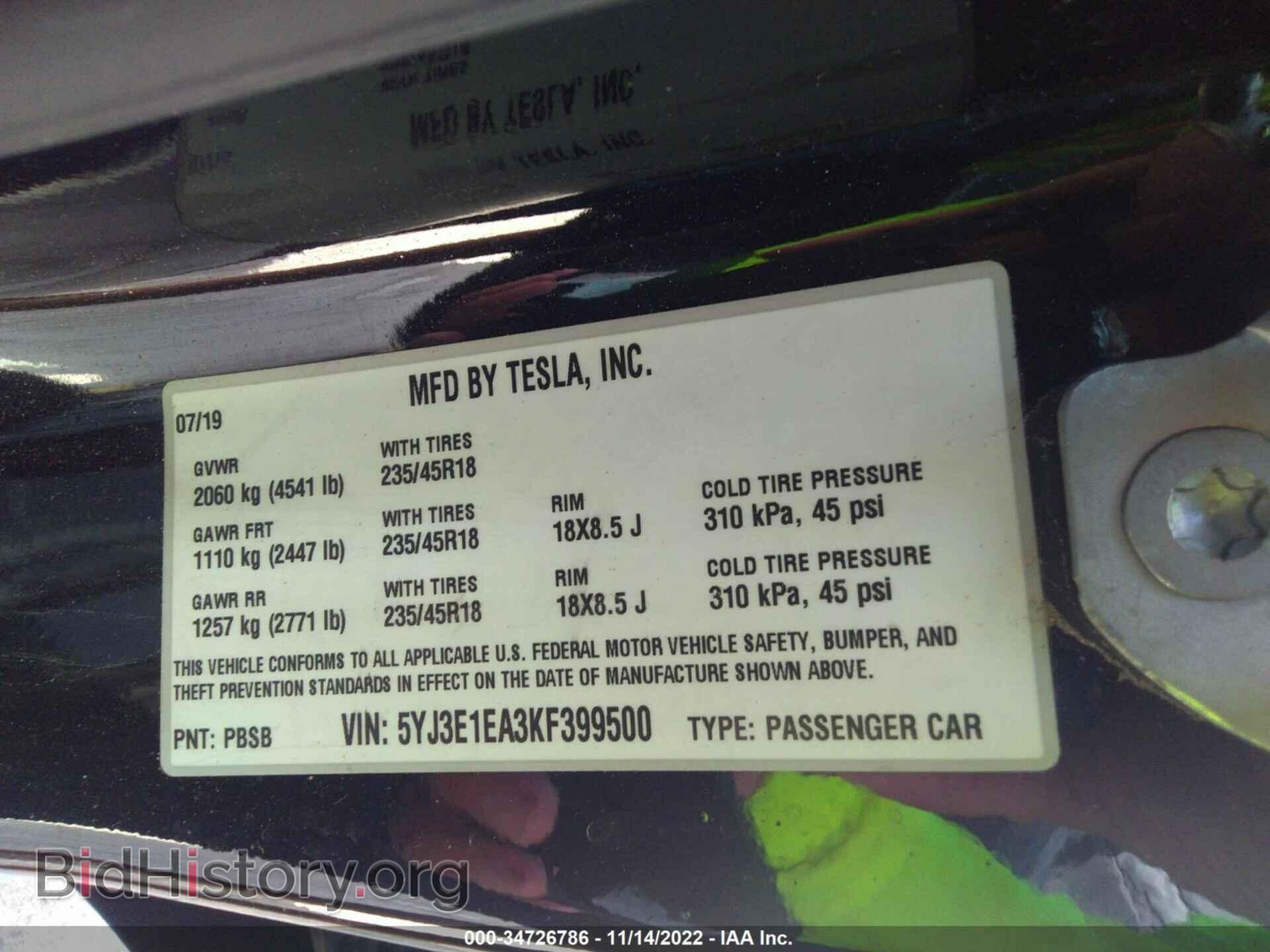 2019 TESLA MODEL 3 - VIN: 5YJ3E1EA3KF399500 - Фото 9