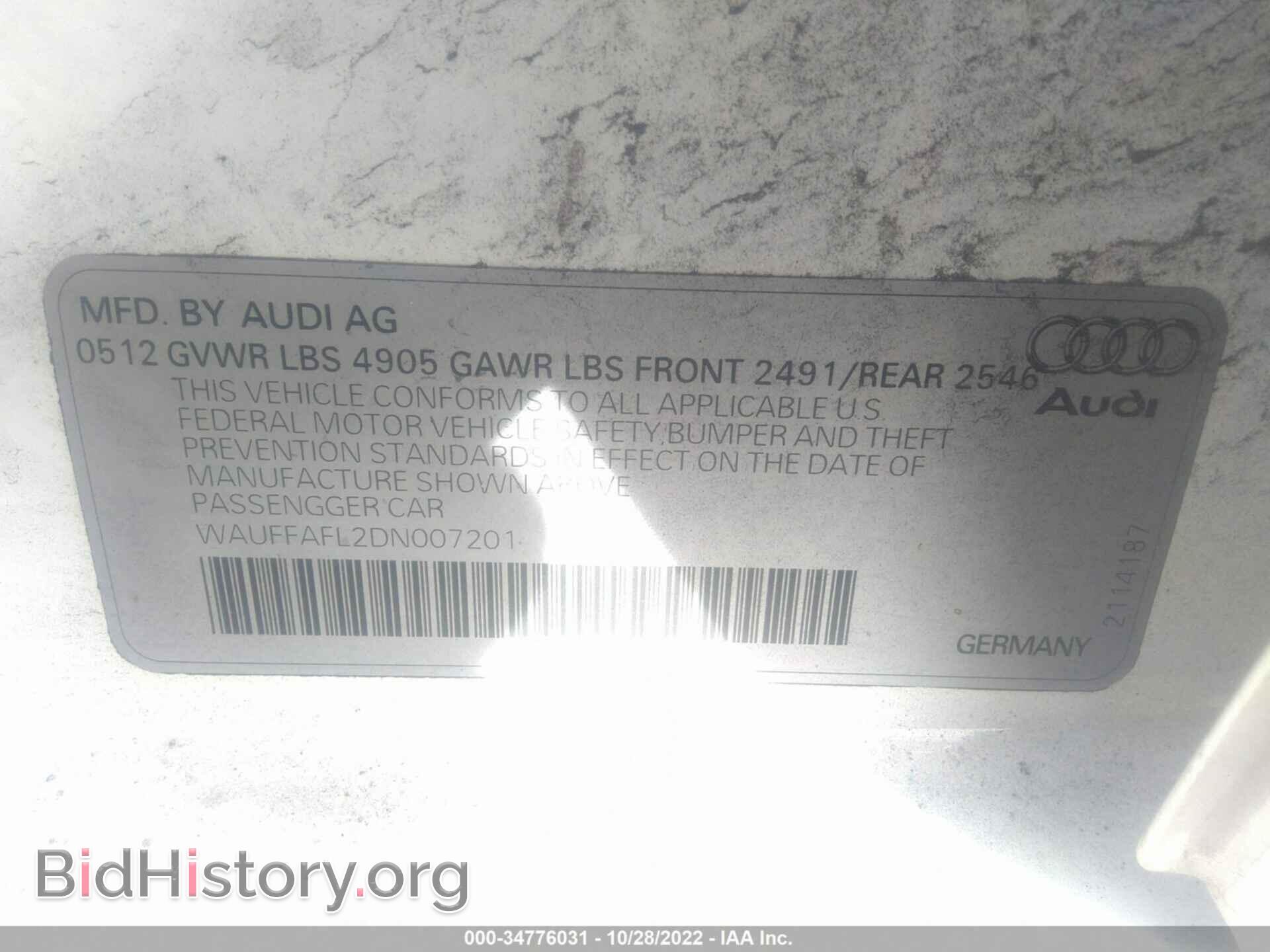 2013 AUDI A4 - VIN: WAUFFAFL2DN007201 - Фото 9