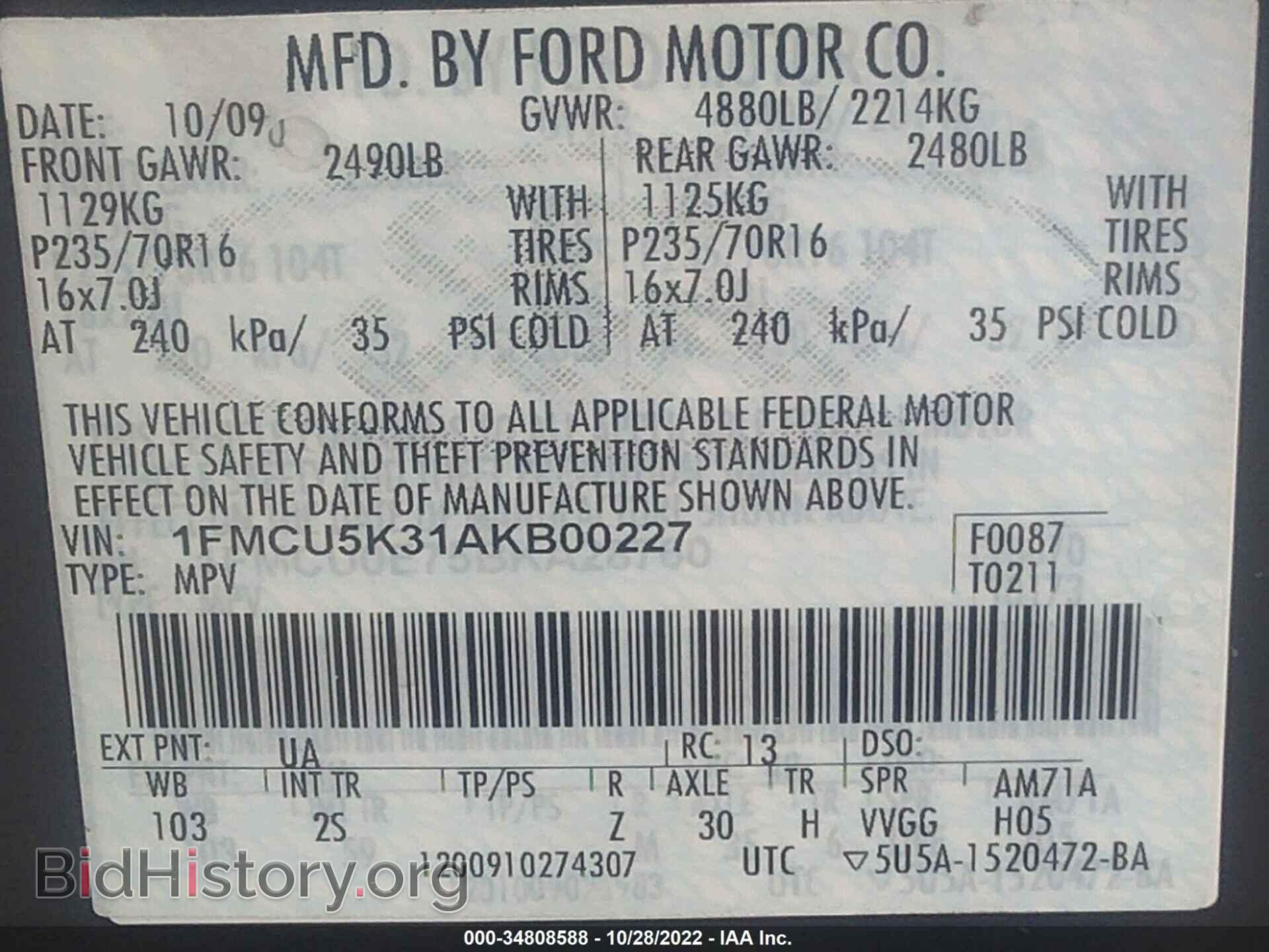 2010 FORD ESCAPE - VIN: 1FMCU5K31AKB00227 - Фото 9
