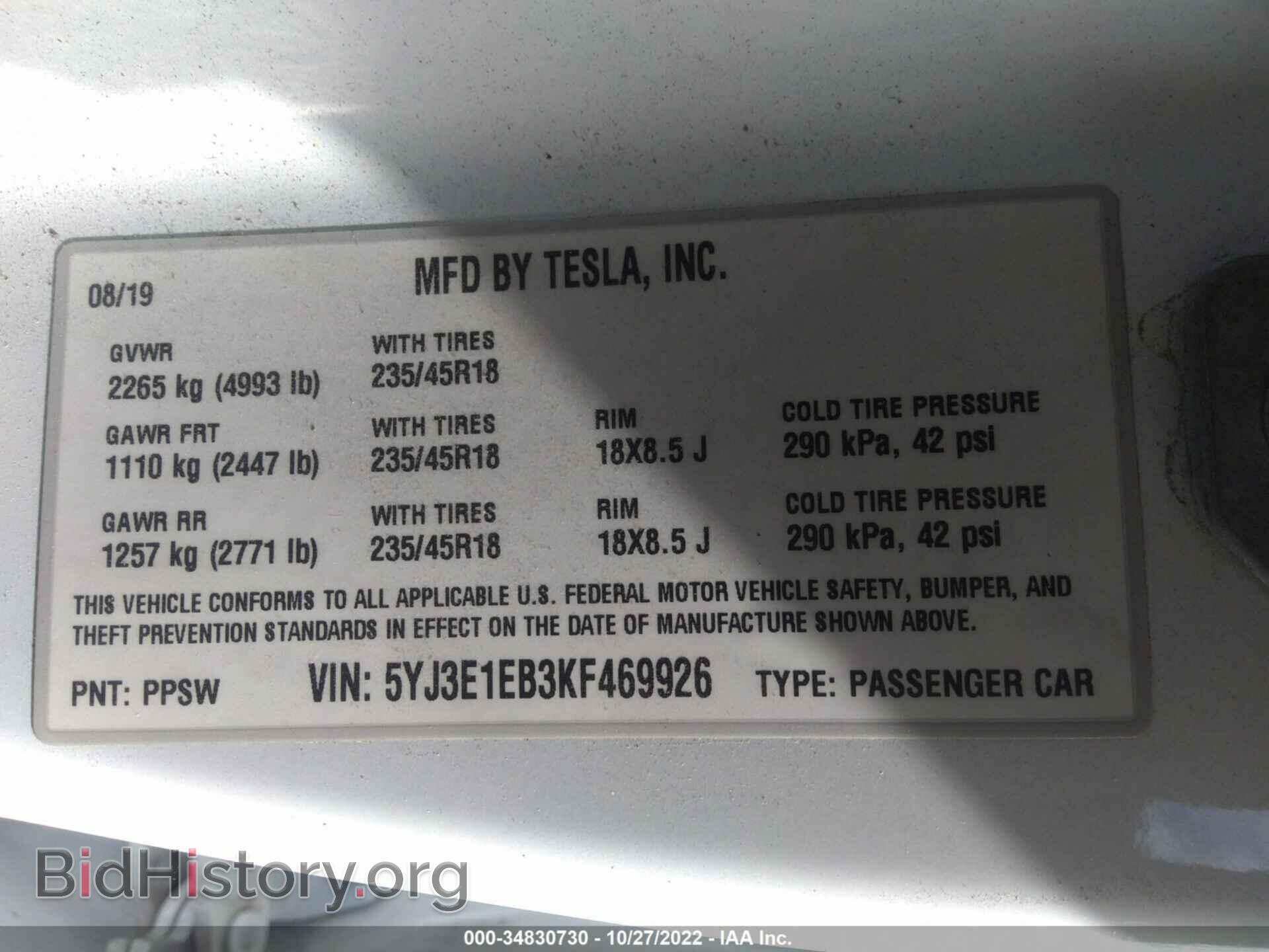 2019 TESLA MODEL 3 - VIN: 5YJ3E1EB3KF469926 - Фото 9