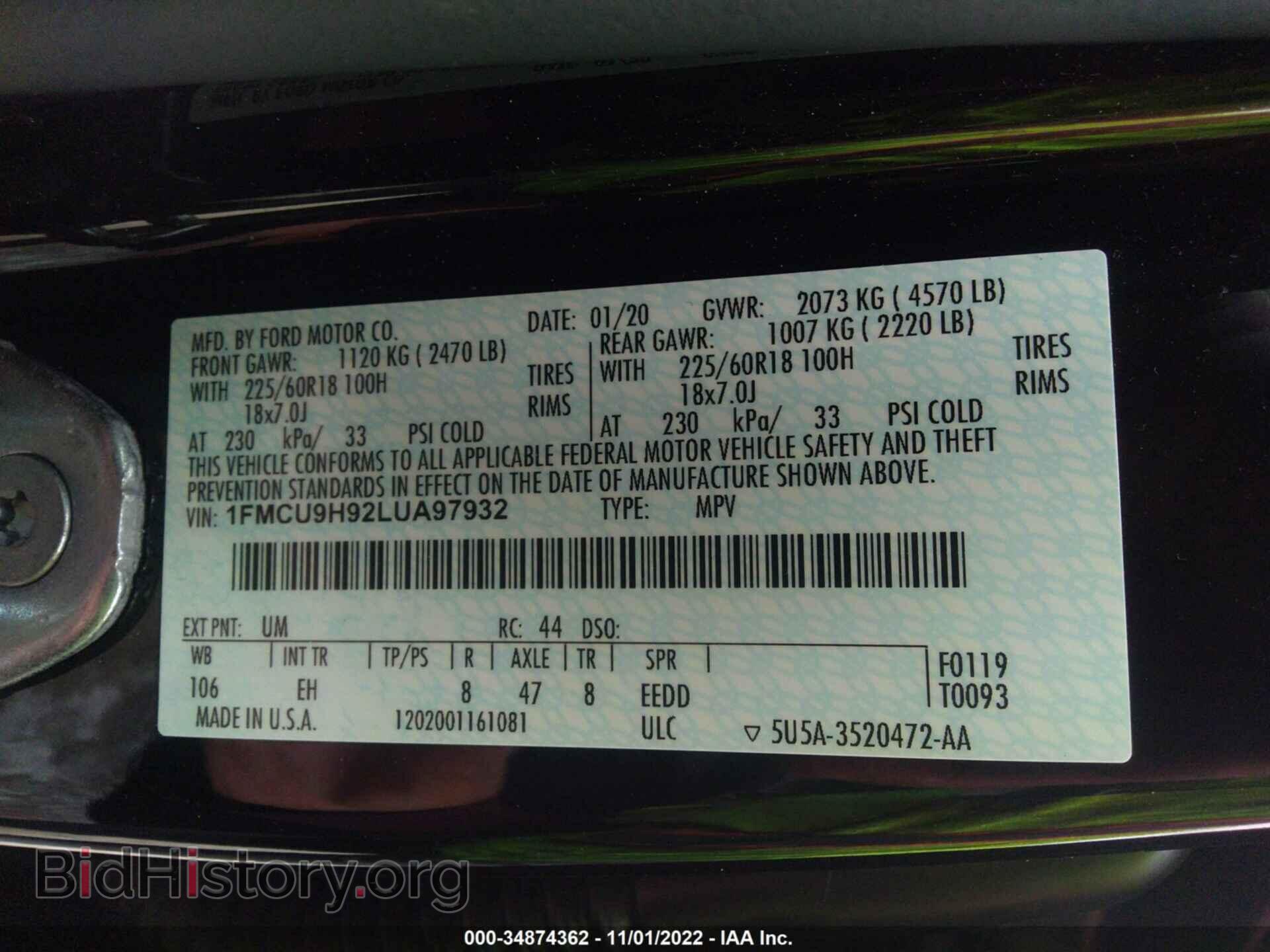 2020 FORD ESCAPE - VIN: 1FMCU9H92LUA97932 - Photo 9
