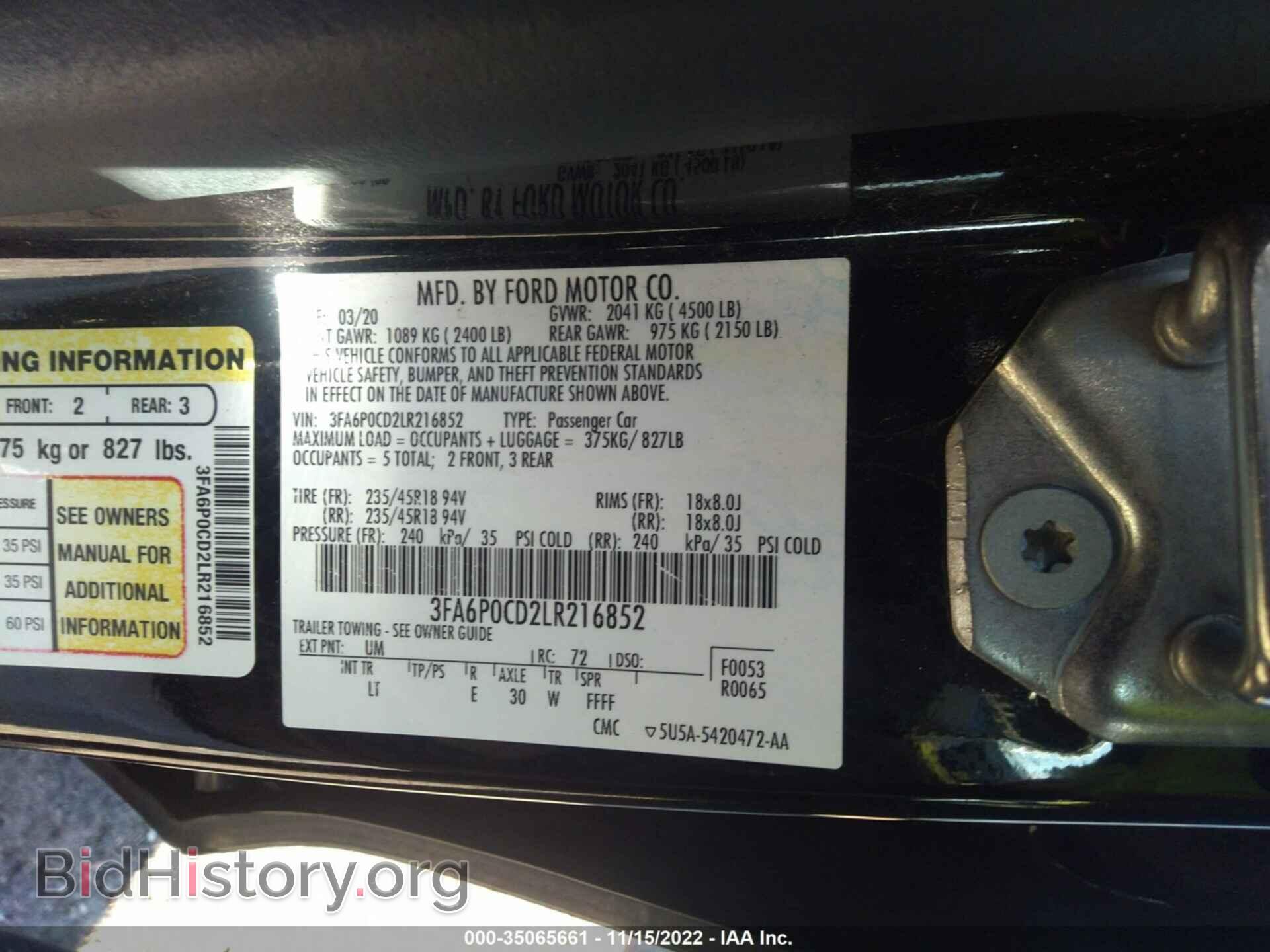 2020 FORD FUSION - VIN: 3FA6P0CD2LA216852 - Photo 9