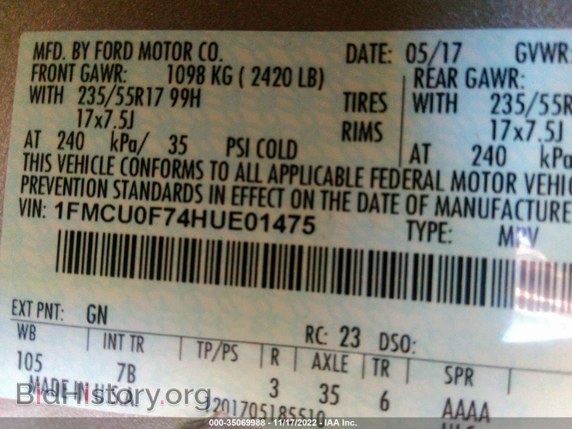 2017 FORD ESCAPE - VIN: 1FMCU0F74HUE01475 - Фото 9