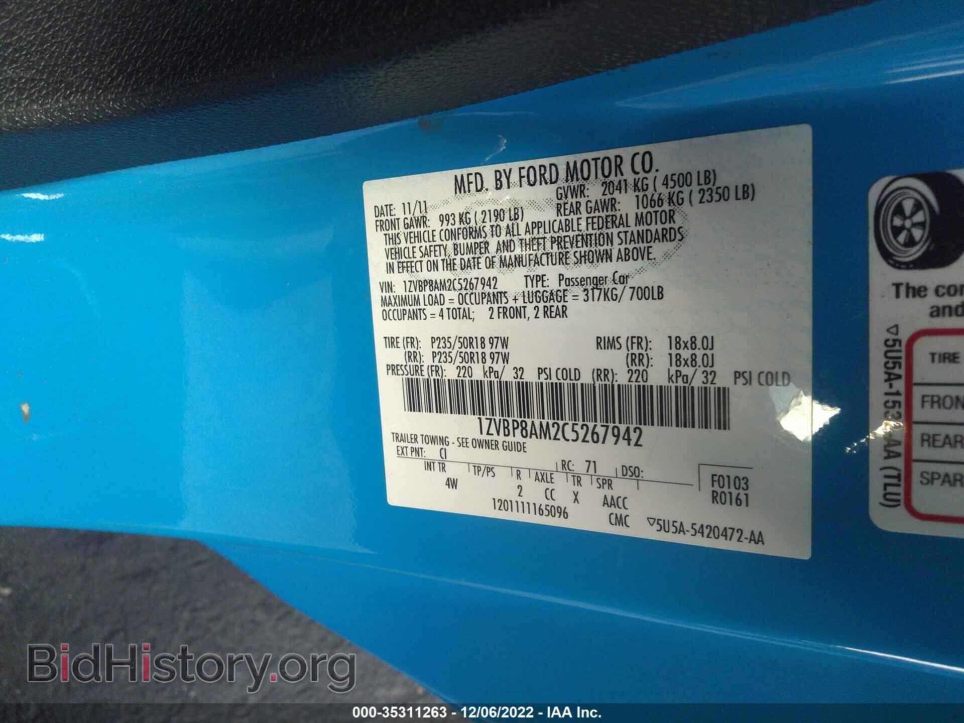 2012 FORD MUSTANG - VIN: 1ZVBP8AM2C5267942 - Фото 9