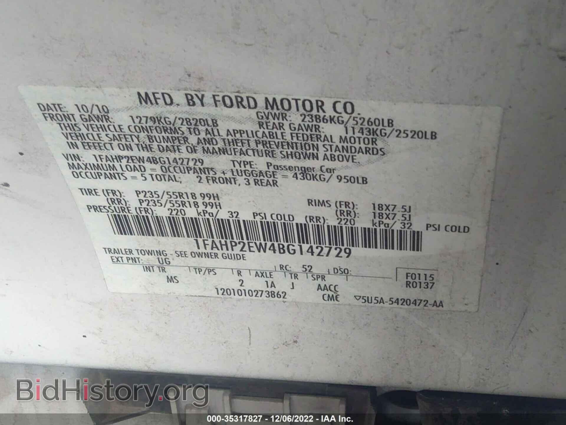 2011 FORD TAURUS - VIN: 1FAHP2EW4BG142729 - Фото 9