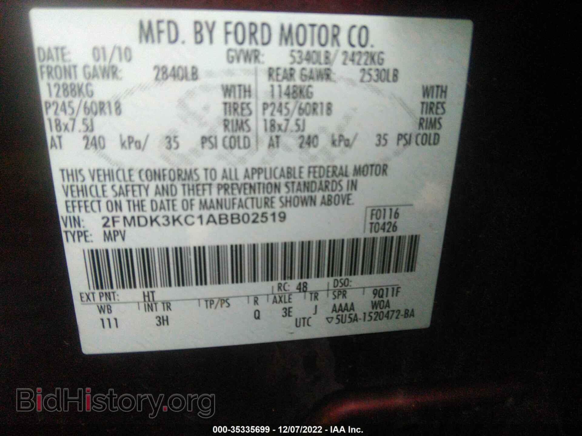 2010 FORD EDGE - VIN: 2FMDK3KC1ABB02519 - Фото 9