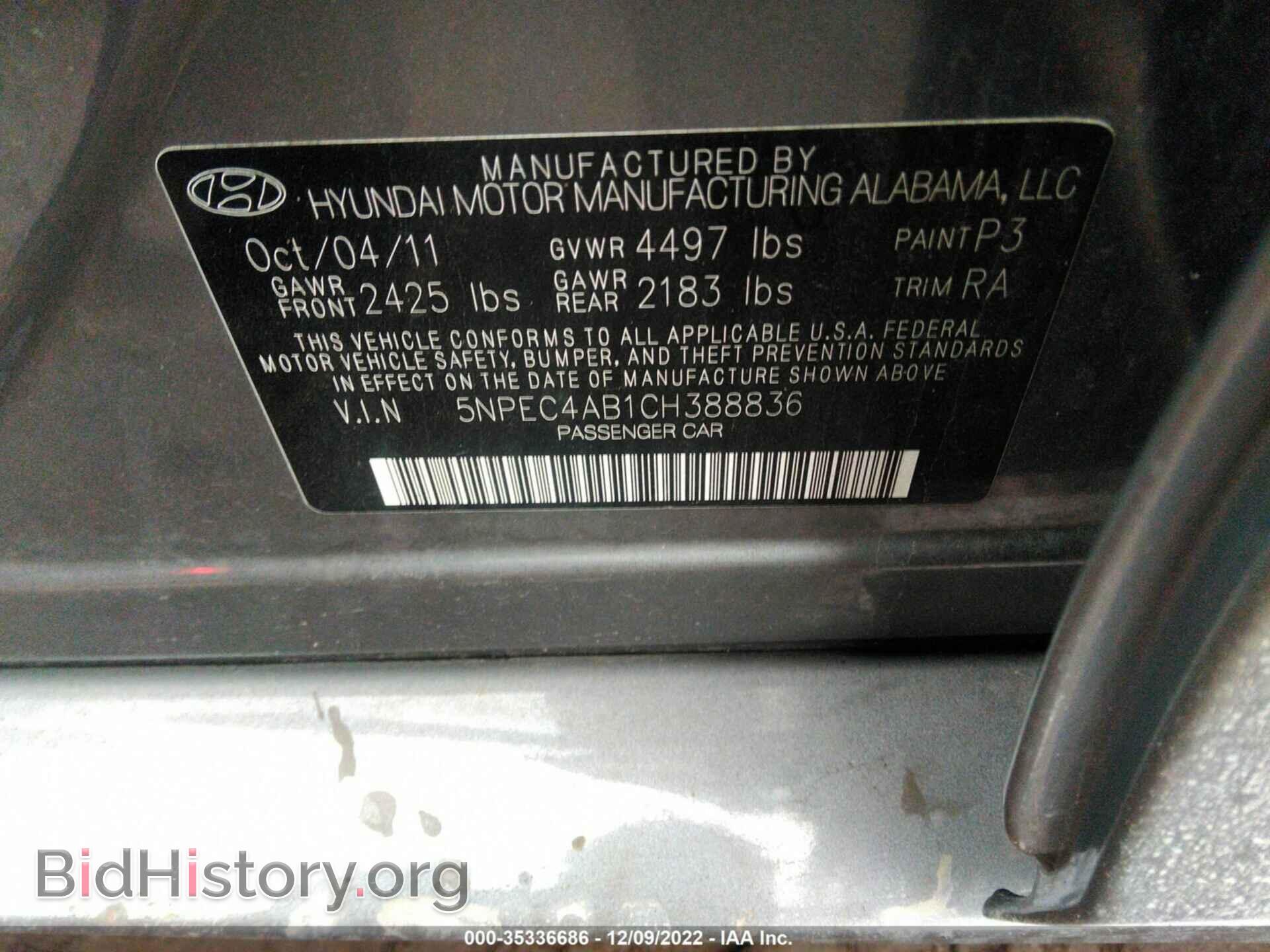 2012 HYUNDAI SONATA - VIN: 5NPEC4AB1CH388836 - Фото 9