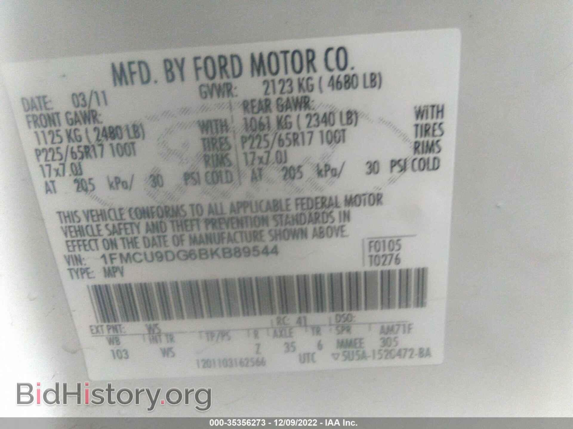 2011 FORD ESCAPE - VIN: 1FMCU9DG6BKB89544 - Фото 9