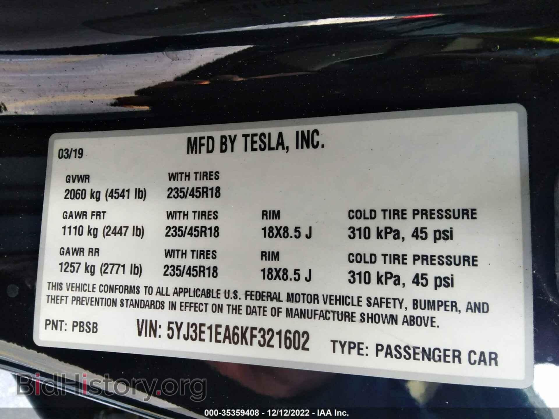 2019 TESLA MODEL 3 - VIN: 5YJ3E1EA6KF321602 - Фото 9