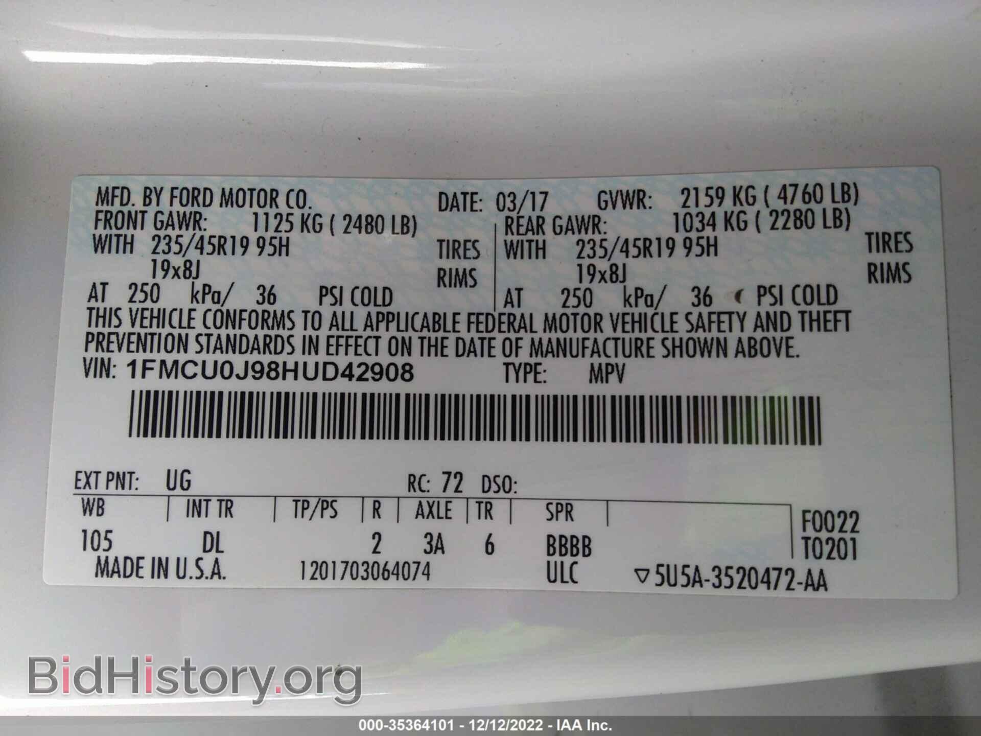 2017 FORD ESCAPE - VIN: 1FMCU0J98HUD42908 - Фото 9