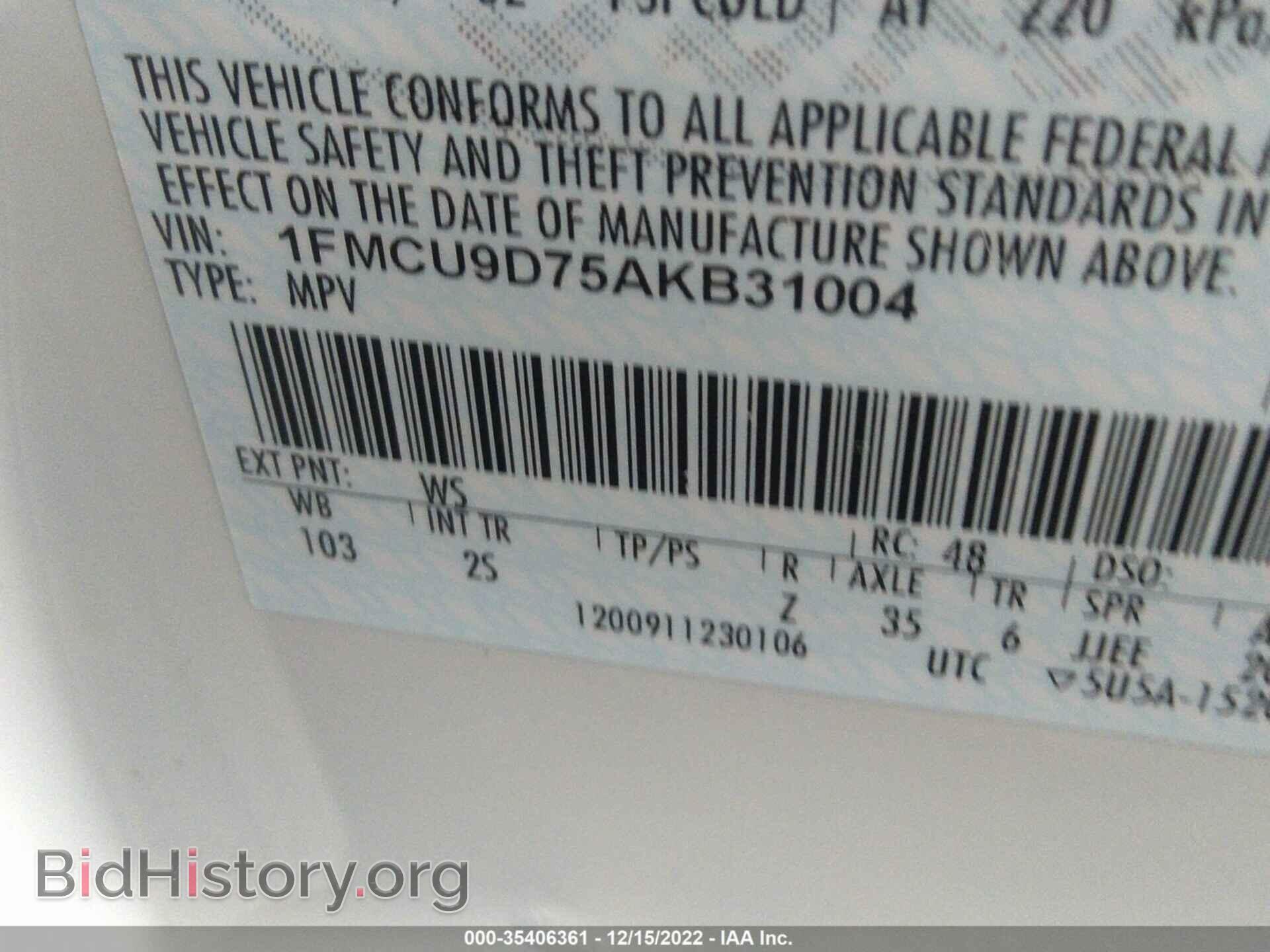 2010 FORD ESCAPE - VIN: 1FMCU9D75AKB31004 - Фото 9
