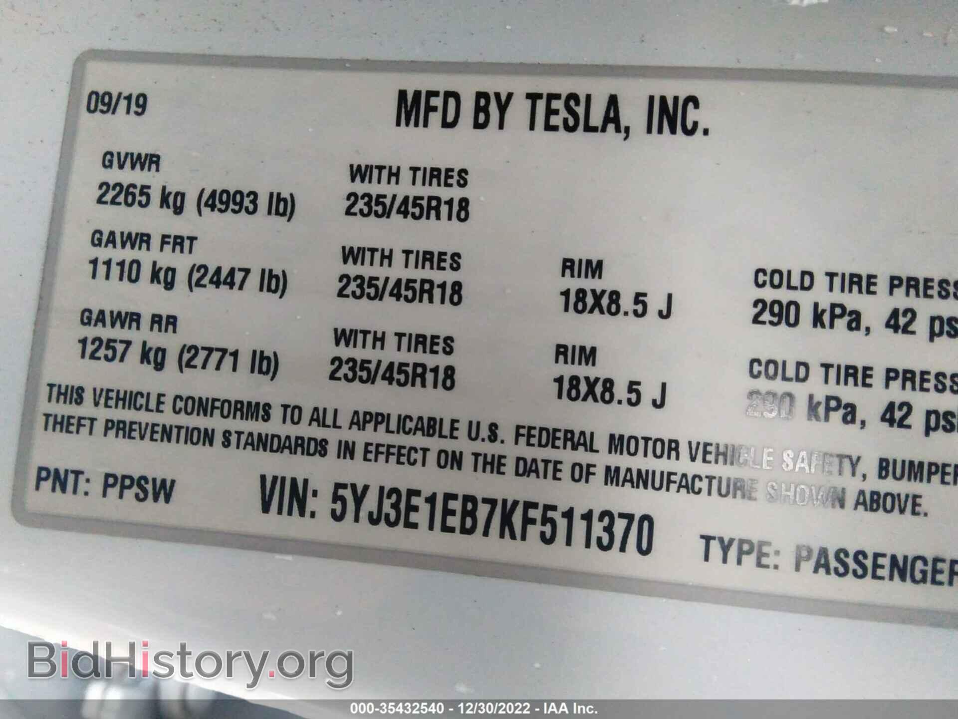 2019 TESLA MODEL 3 - VIN: 5YJ3E1EB7KF511370 - Фото 9