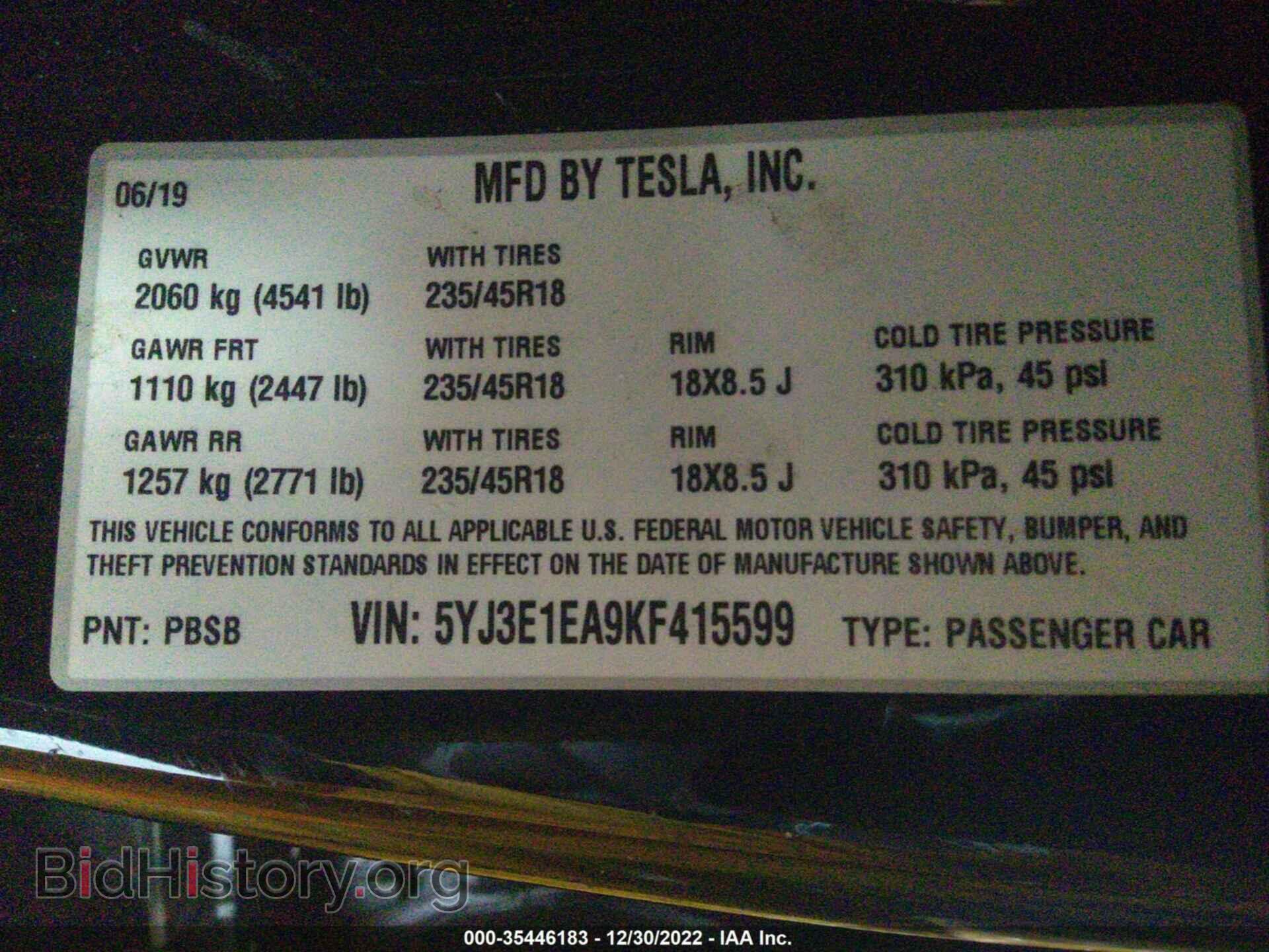 2019 TESLA MODEL 3 - VIN: 5YJ3E1EA9KF415599 - Фото 9