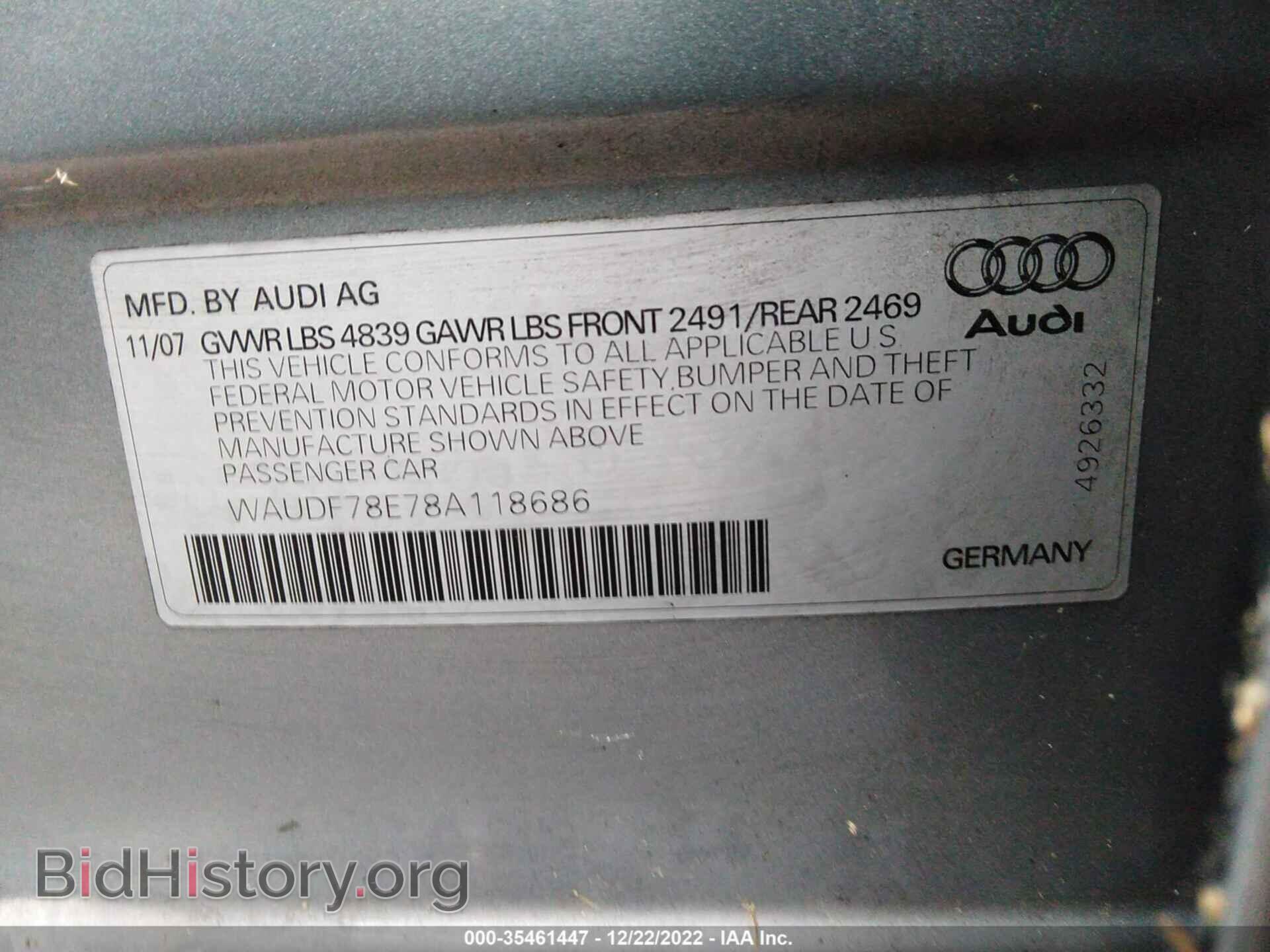 2008 AUDI A4 - VIN: WAUDF78E78A118686 - Фото 9