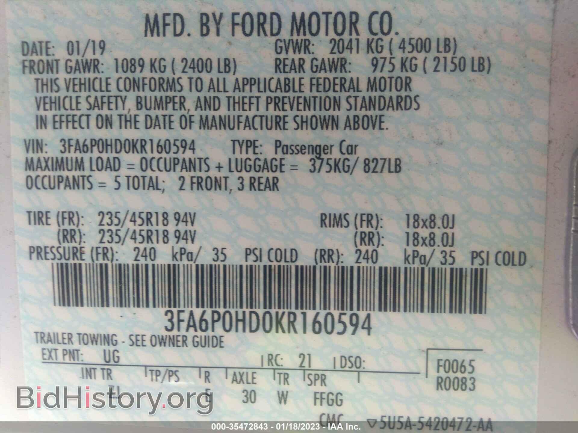 2019 FORD FUSION - VIN: 3FA6P0HD0KR160594 - Фото 9