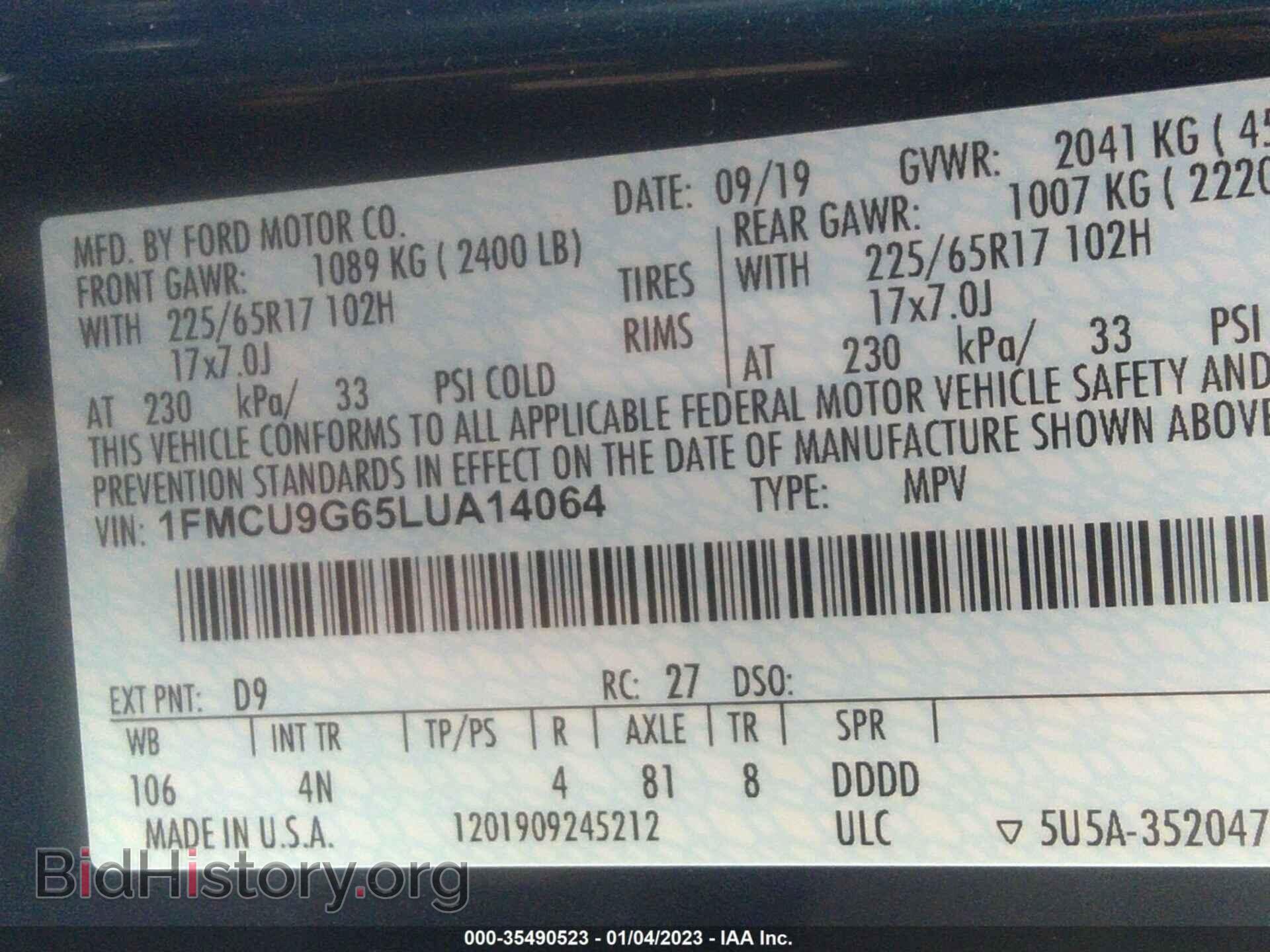 2020 FORD ESCAPE - VIN: 1FMCU9G65LUA14064 - Photo 9