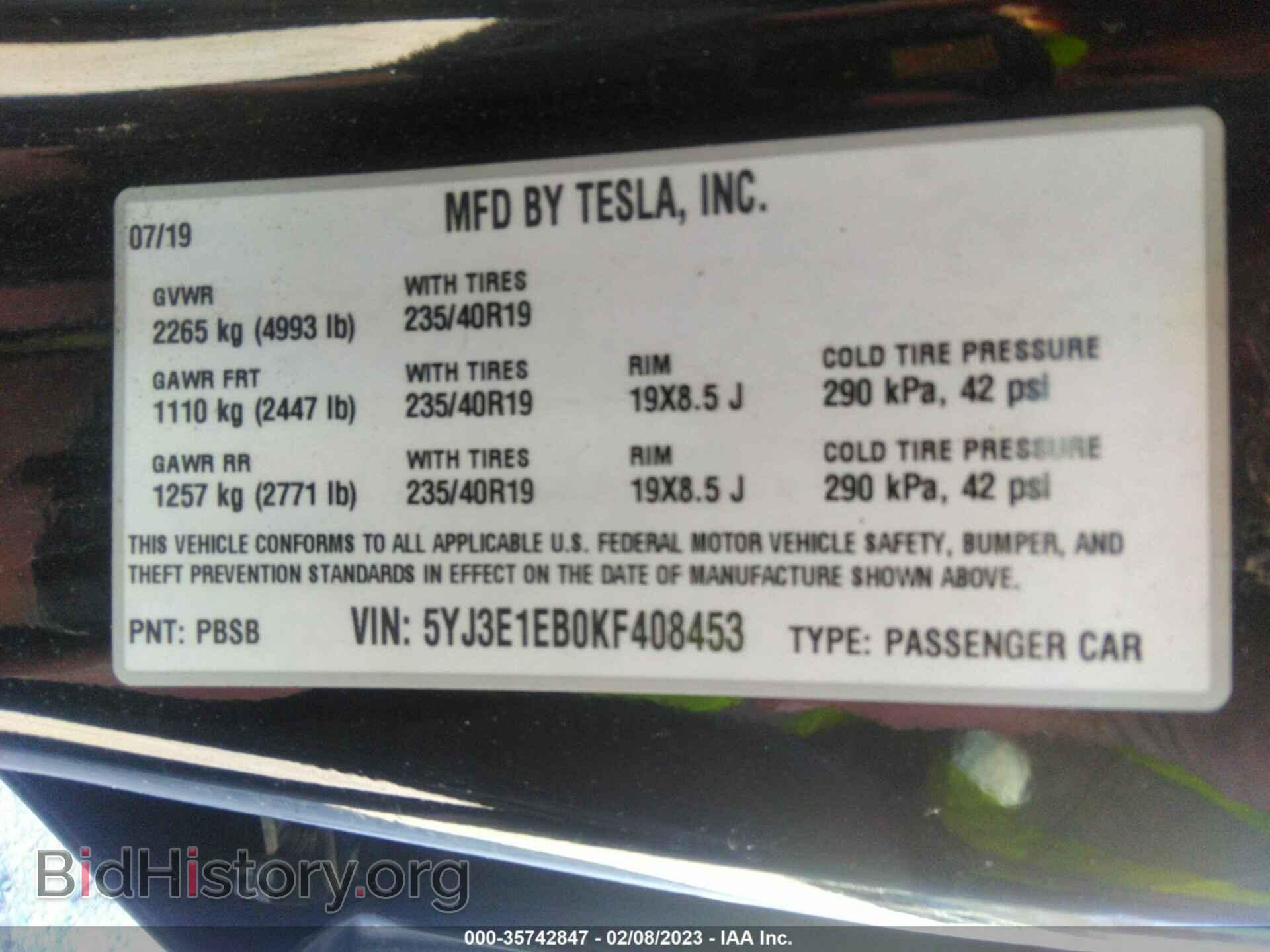 2019 TESLA MODEL 3 - VIN: 5YJ3E1EB0KF408453 - Фото 9