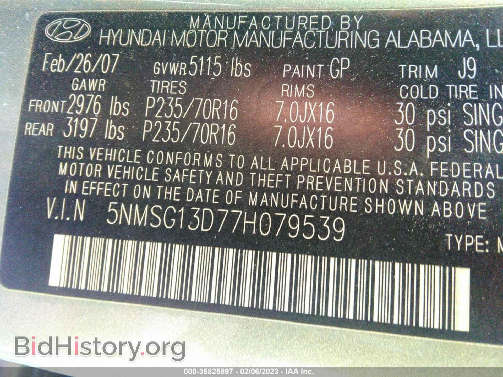 2007 HYUNDAI SANTA FE - VIN: 5NMSG13D77H079539 - Фото 9