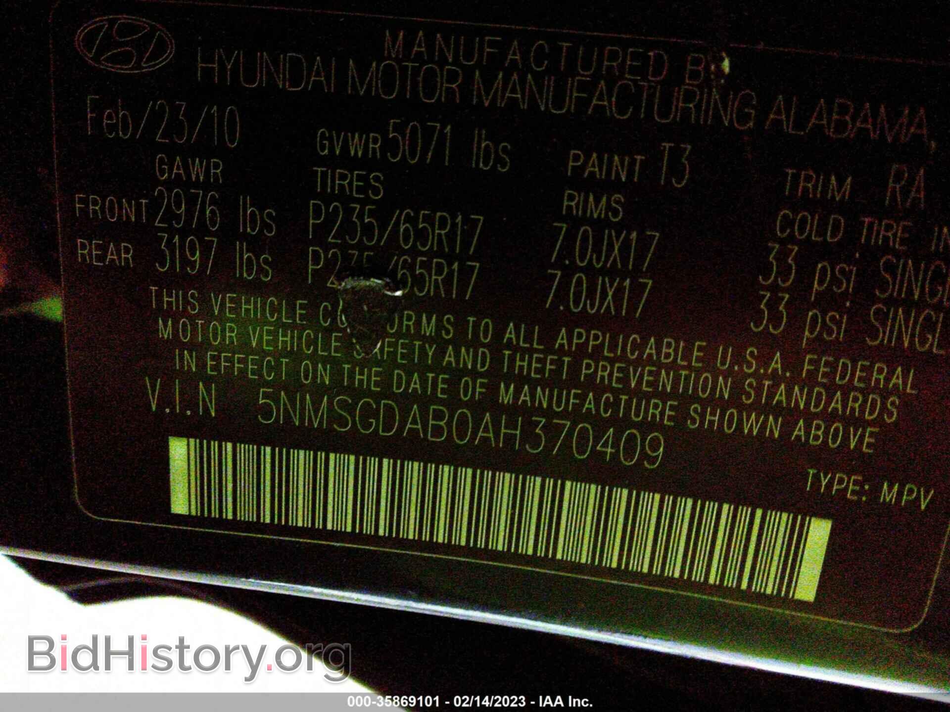 2010 HYUNDAI SANTA FE - VIN: 5NMSGDAB0AH370409 - Фото 9