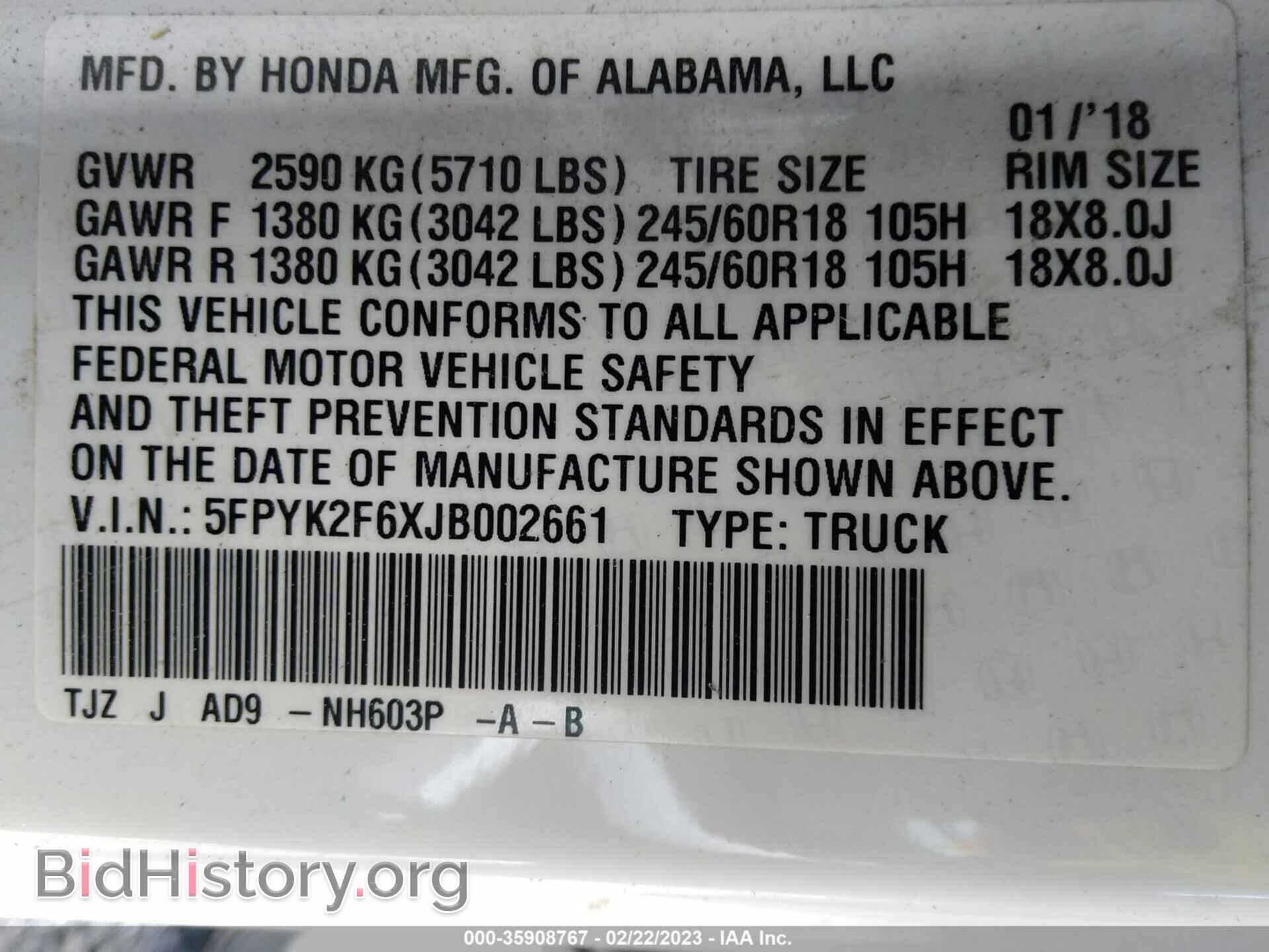 2018 HONDA RIDGELINE - VIN: 5FPYK2F6XJB002661 - Фото 9