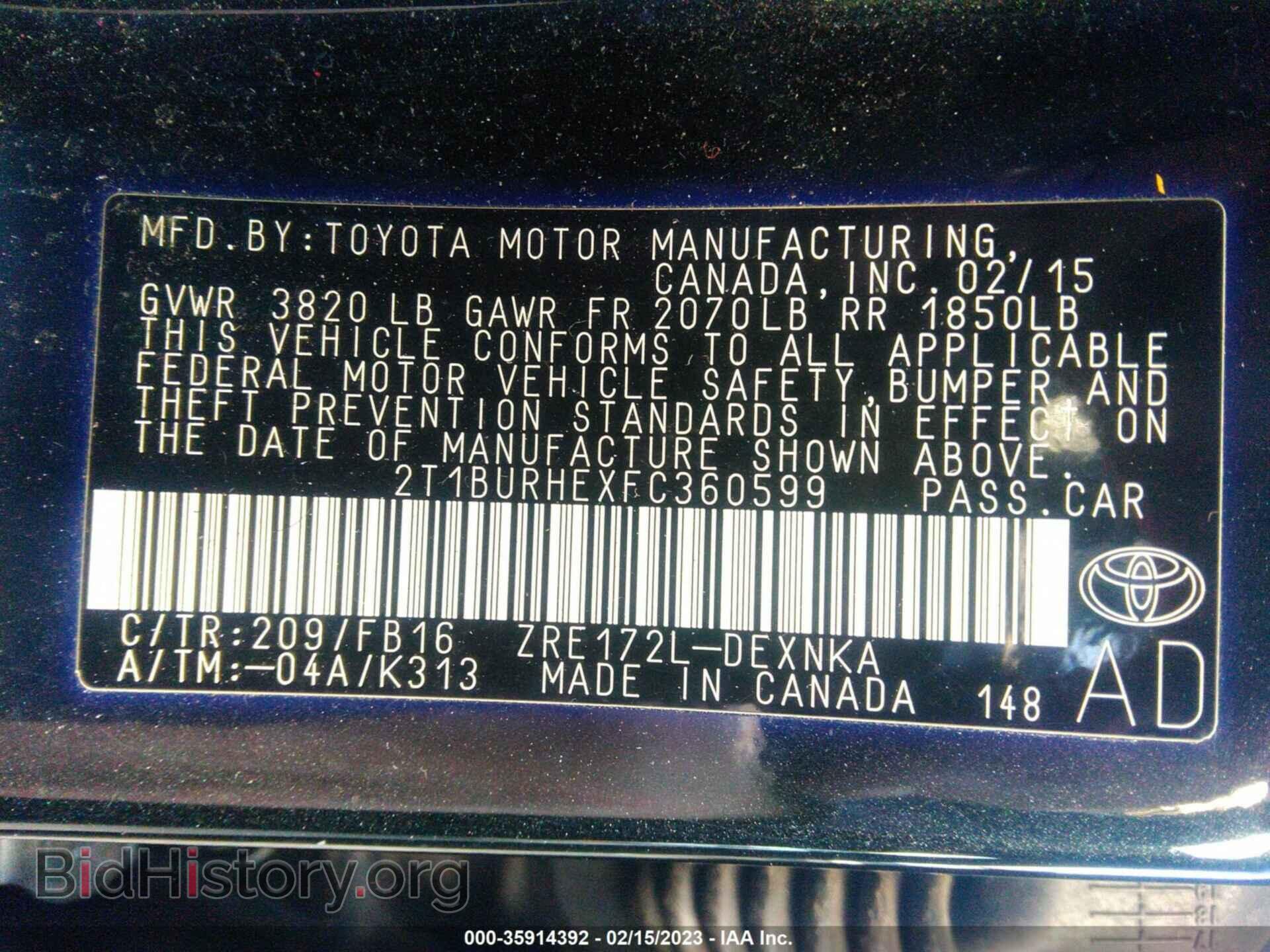 2015 TOYOTA COROLLA - VIN: 2T1BURHEXFC360599 - Фото 9