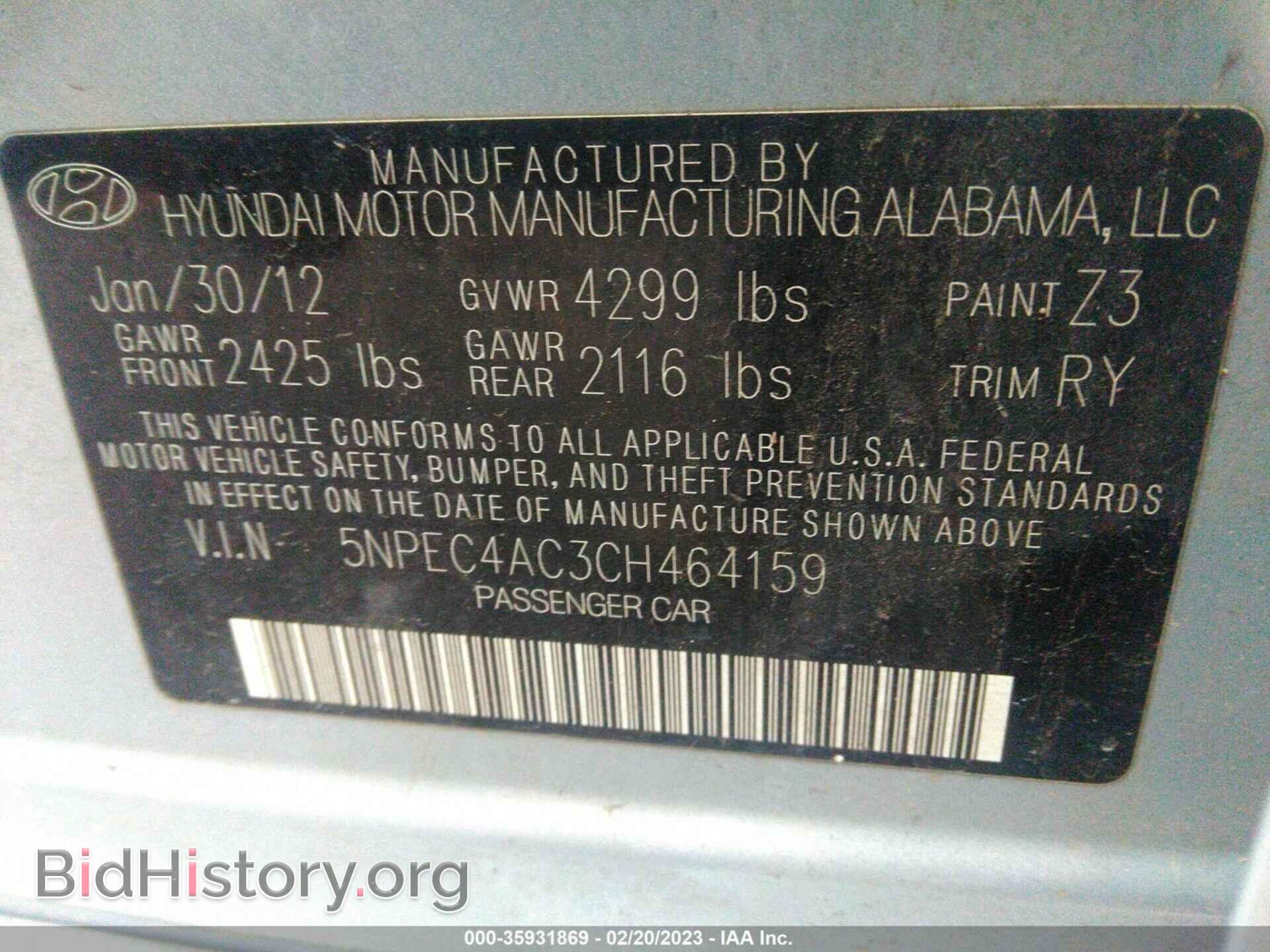 2012 HYUNDAI SONATA - VIN: 5NPEC4AC3CH464159 - Фото 9