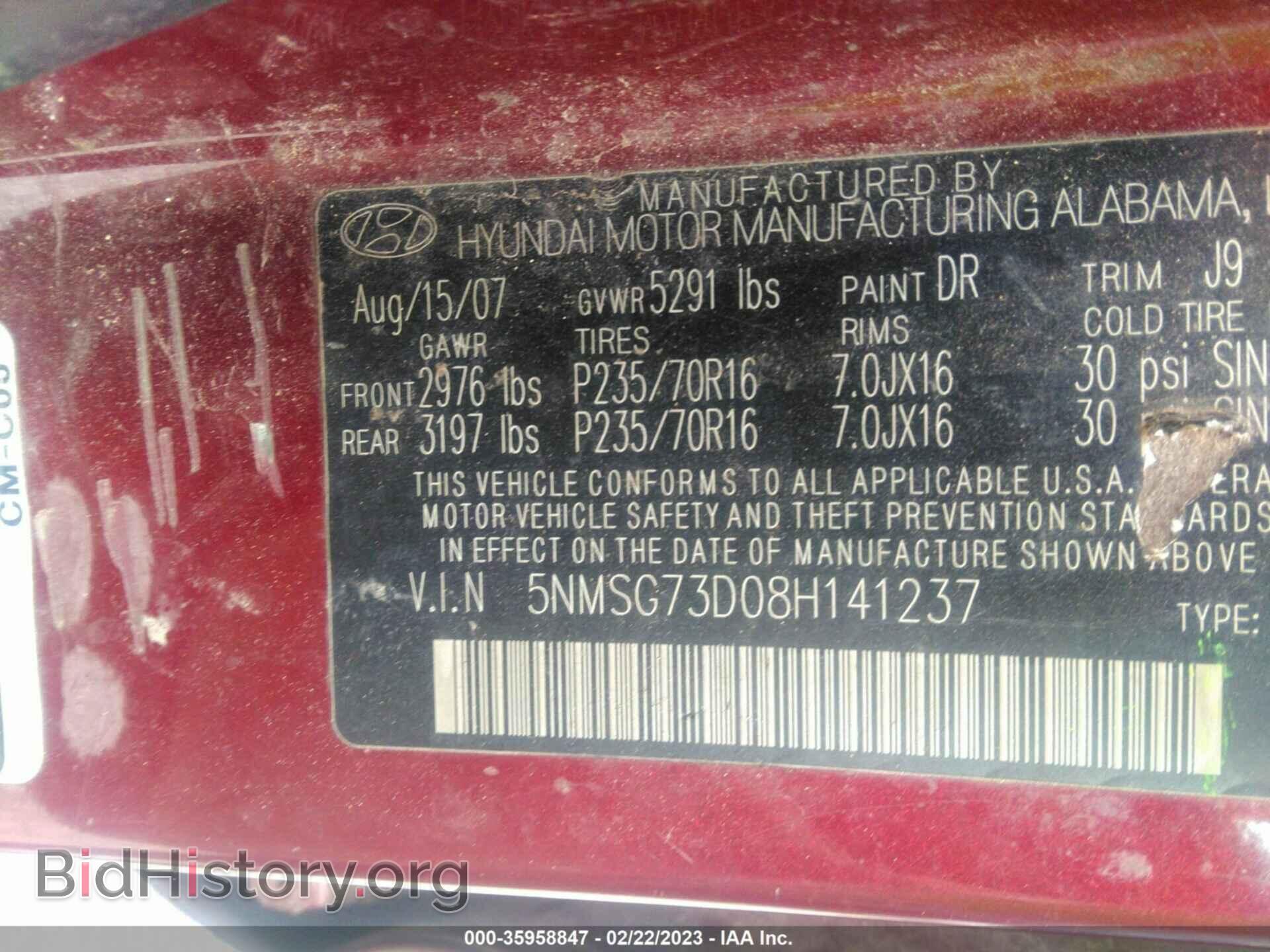 2008 HYUNDAI SANTA FE - VIN: 5NMSG73D08H141237 - Фото 9