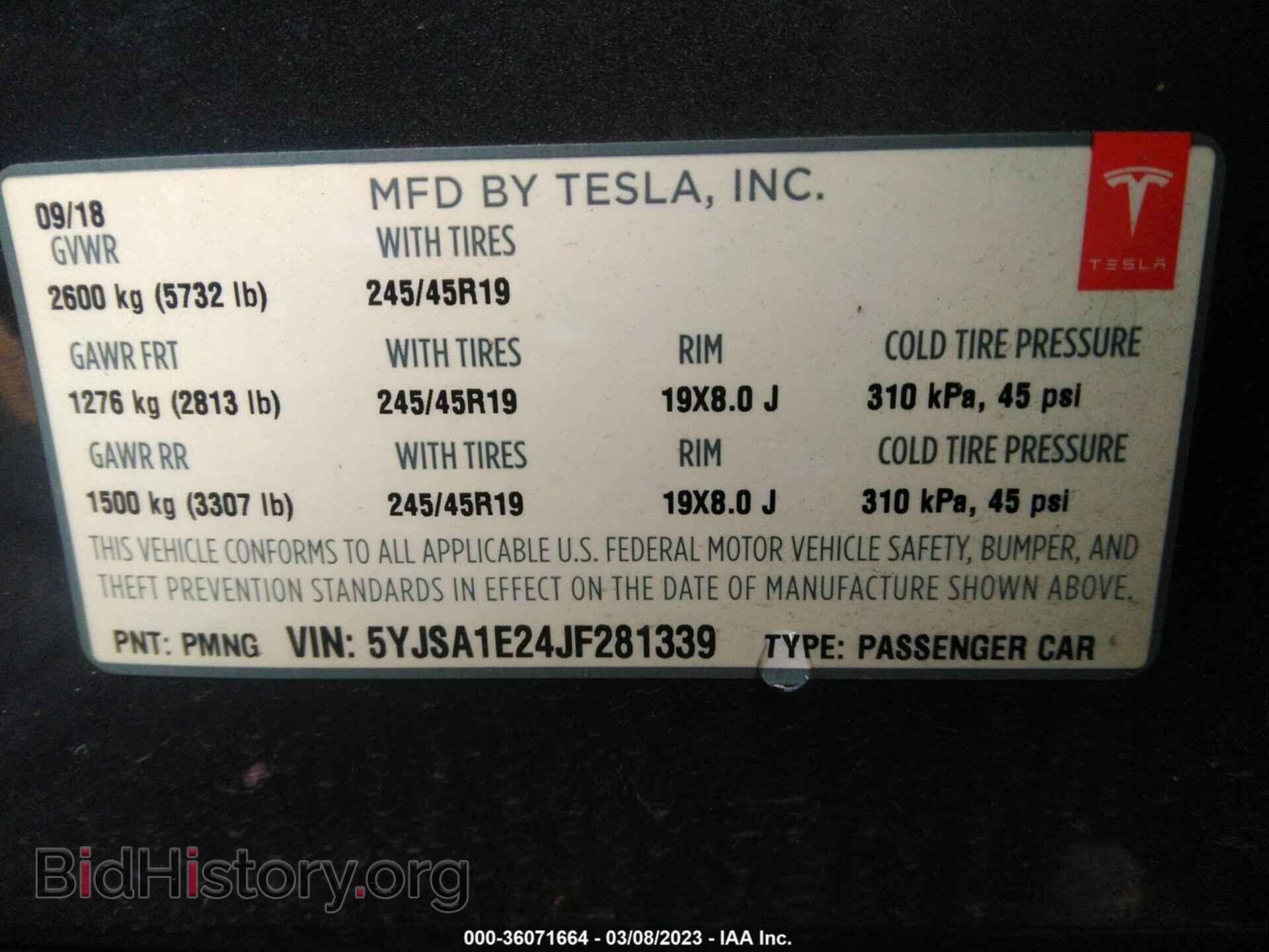 2018 TESLA MODEL S - VIN: 5YJSA1E24JF281339 - Фото 9