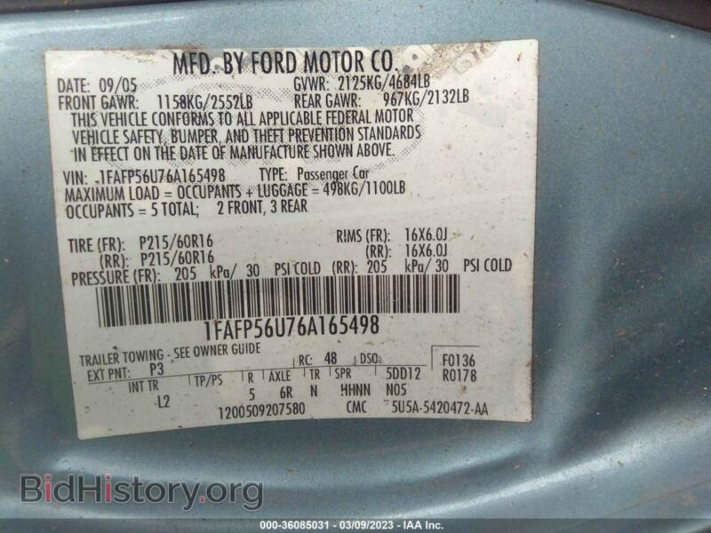 2006 Ford TAURUS (VIN 1FAFP56U76A165498) — photo 9 of 11