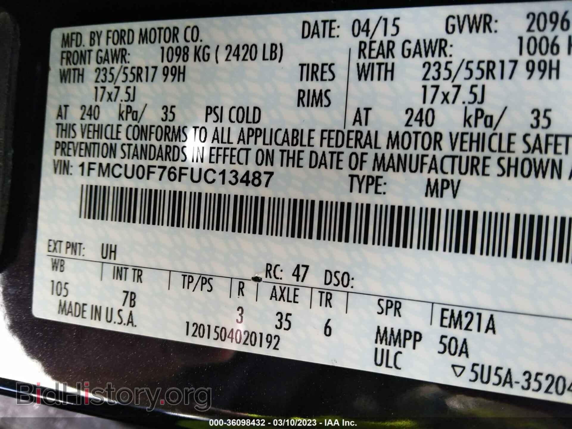2015 FORD ESCAPE - VIN: 1FMCU0F76FUC13487 - Фото 9