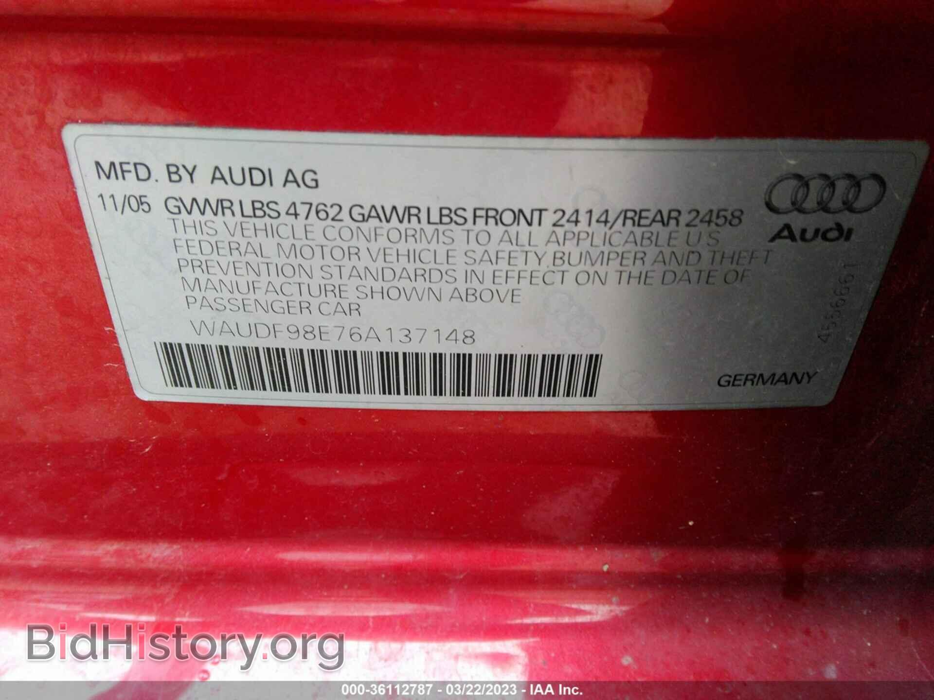 2006 AUDI A4 - VIN: WAUDF98E76A137148 - Фото 9