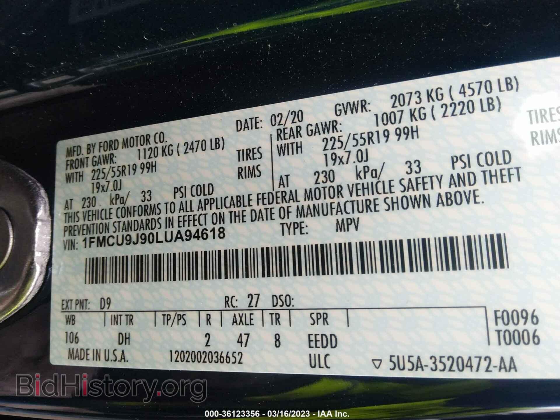 2020 FORD ESCAPE - VIN: 1FMCU9J90LUA94618 - Фото 9