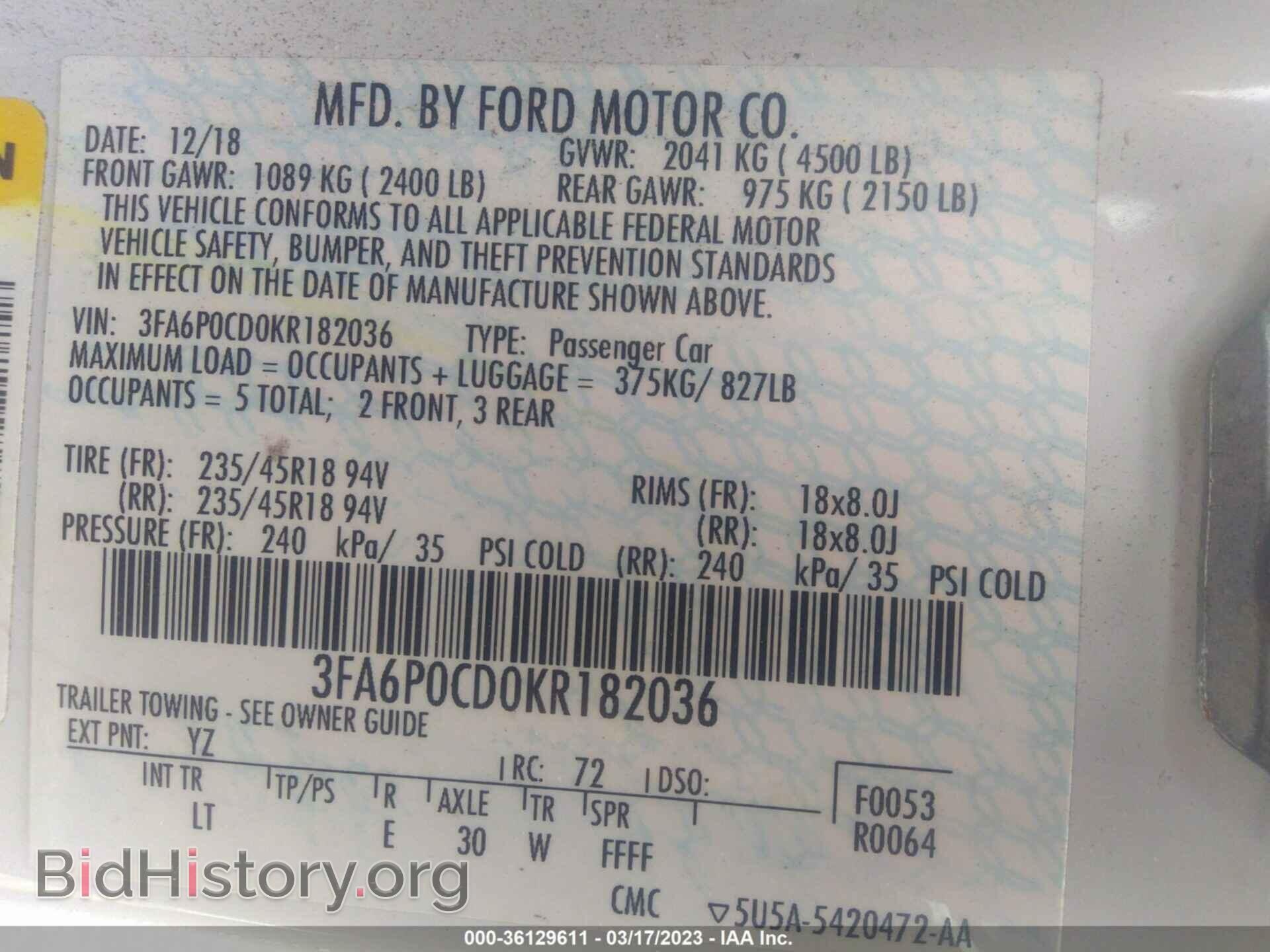 2019 FORD FUSION - VIN: 3FA6P0CD0KR182036 - Фото 9