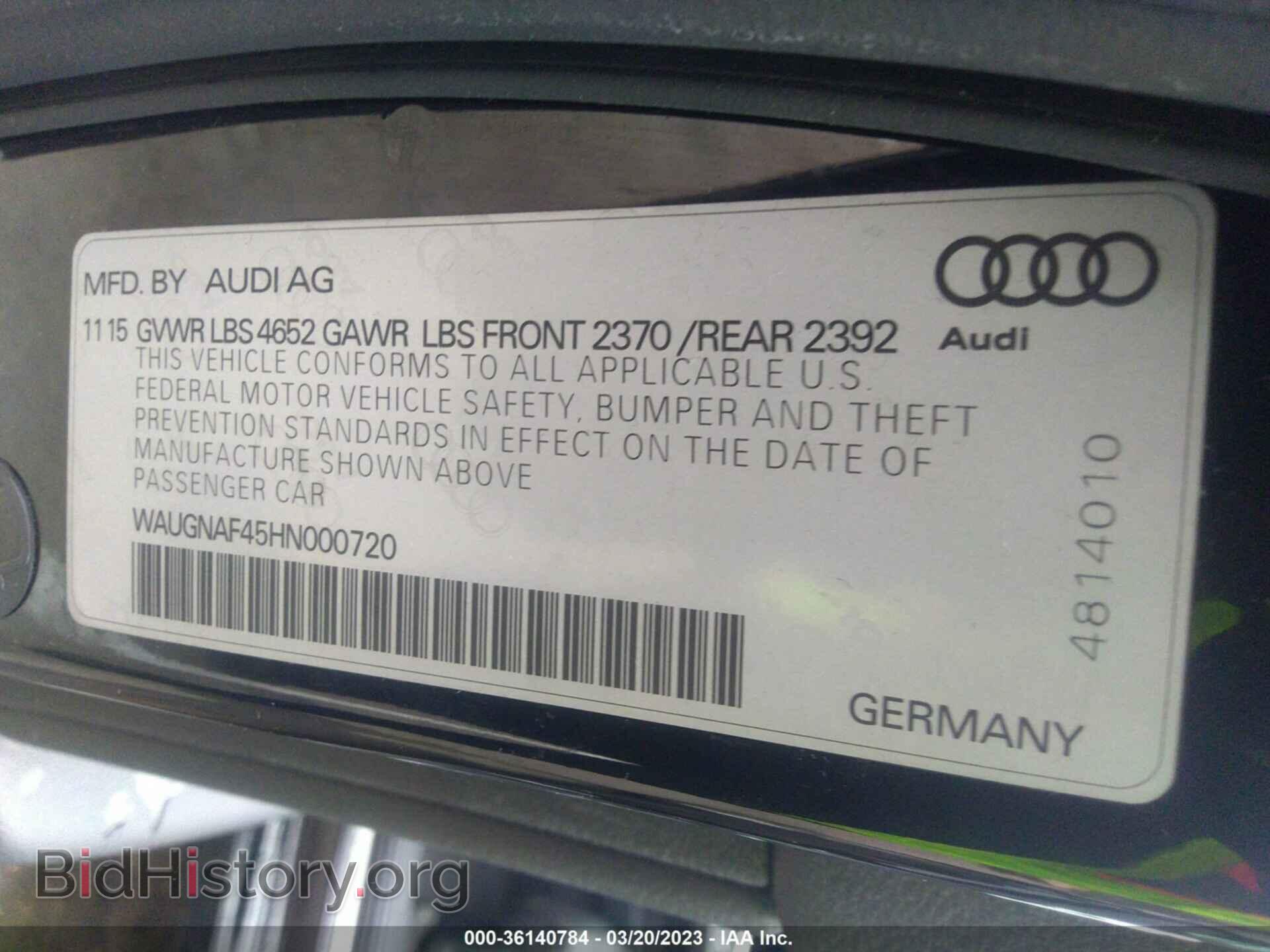 2017 AUDI A4 - VIN: WAUGNAF45HN000720 - Фото 9