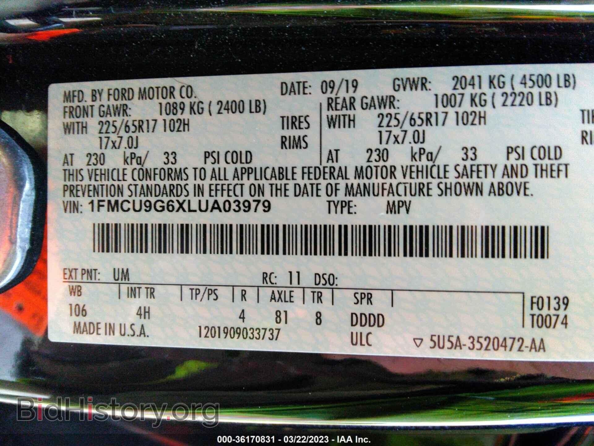 2020 FORD ESCAPE - VIN: 1FMCU9G6XLUA03979 - Фото 9