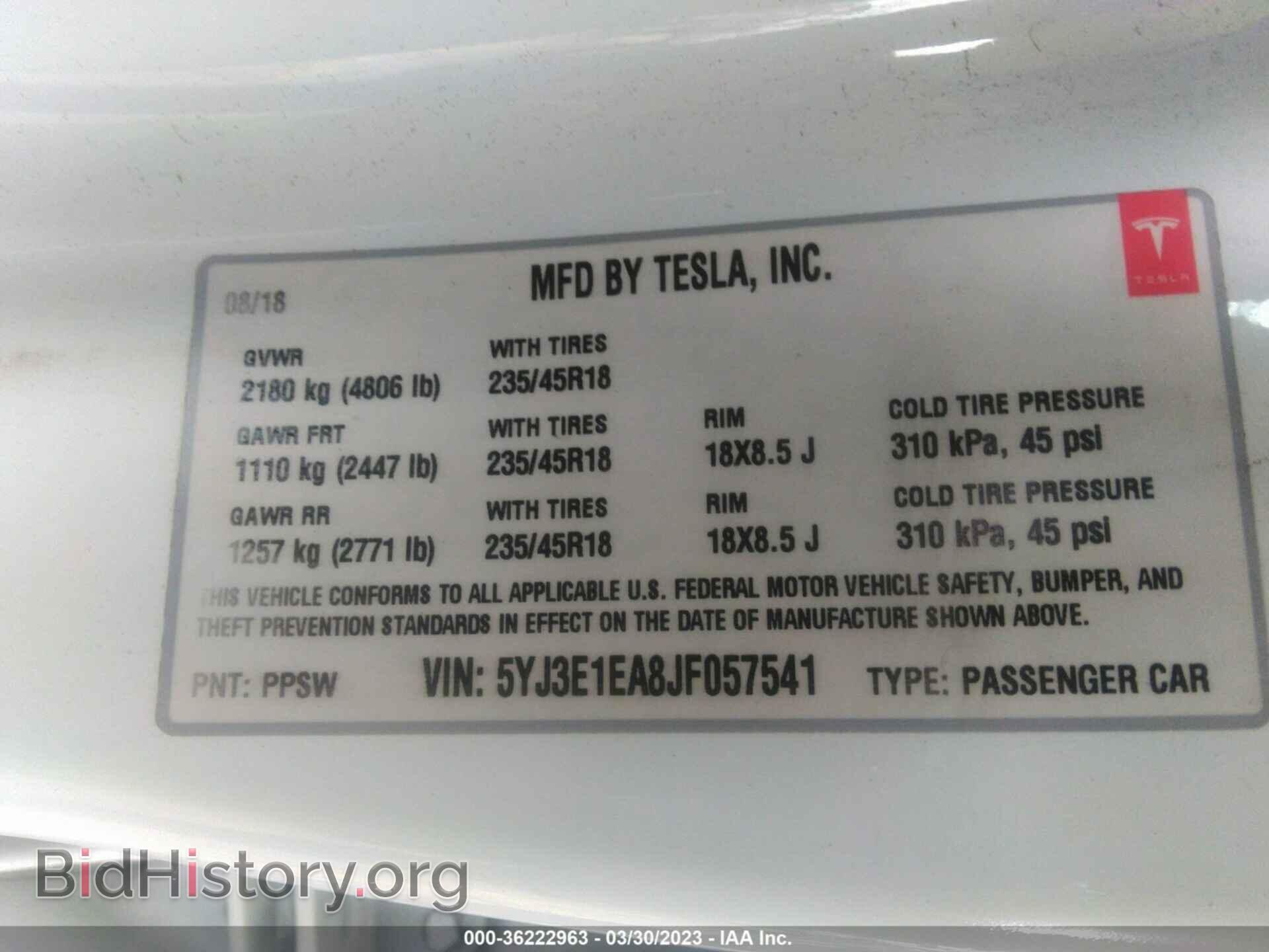 2018 TESLA MODEL 3 - VIN: 5YJ3E1EA8JF057541 - Фото 9
