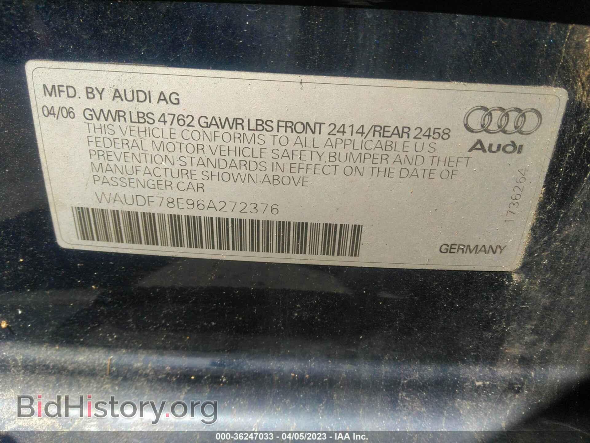 2006 AUDI A4 - VIN: WAUDF78E96A272376 - Фото 9