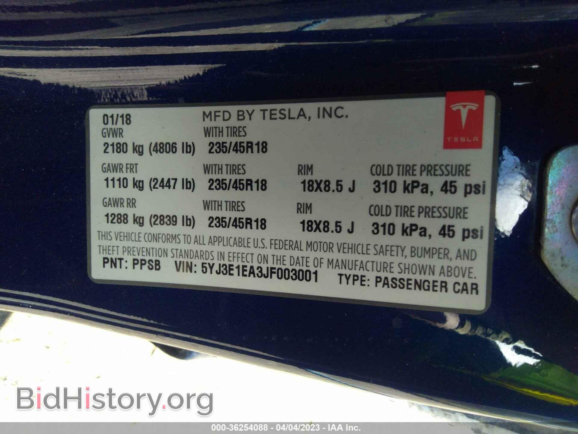 2018 TESLA MODEL 3 - VIN: 5YJ3E1EA3JF003001 - Фото 9